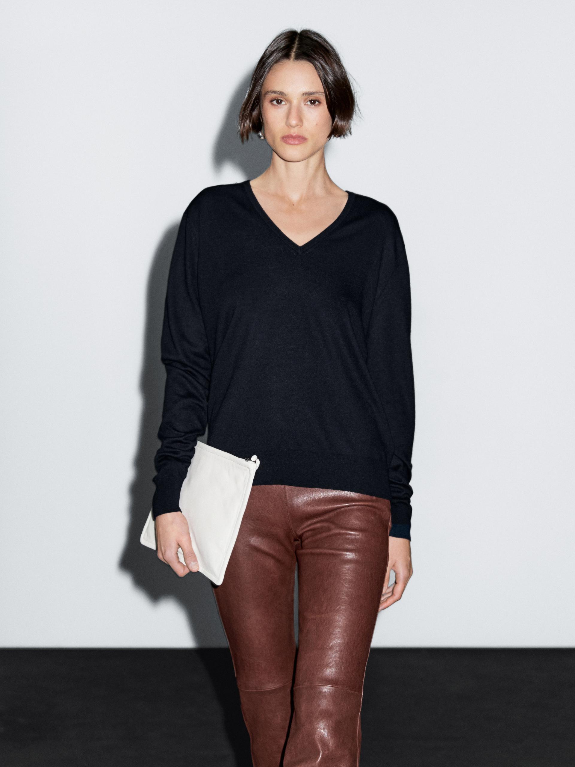 Jersey Punto Cuello Pico Con Lana - Azul Marino - Xs - Massimo Dutti - Mujer