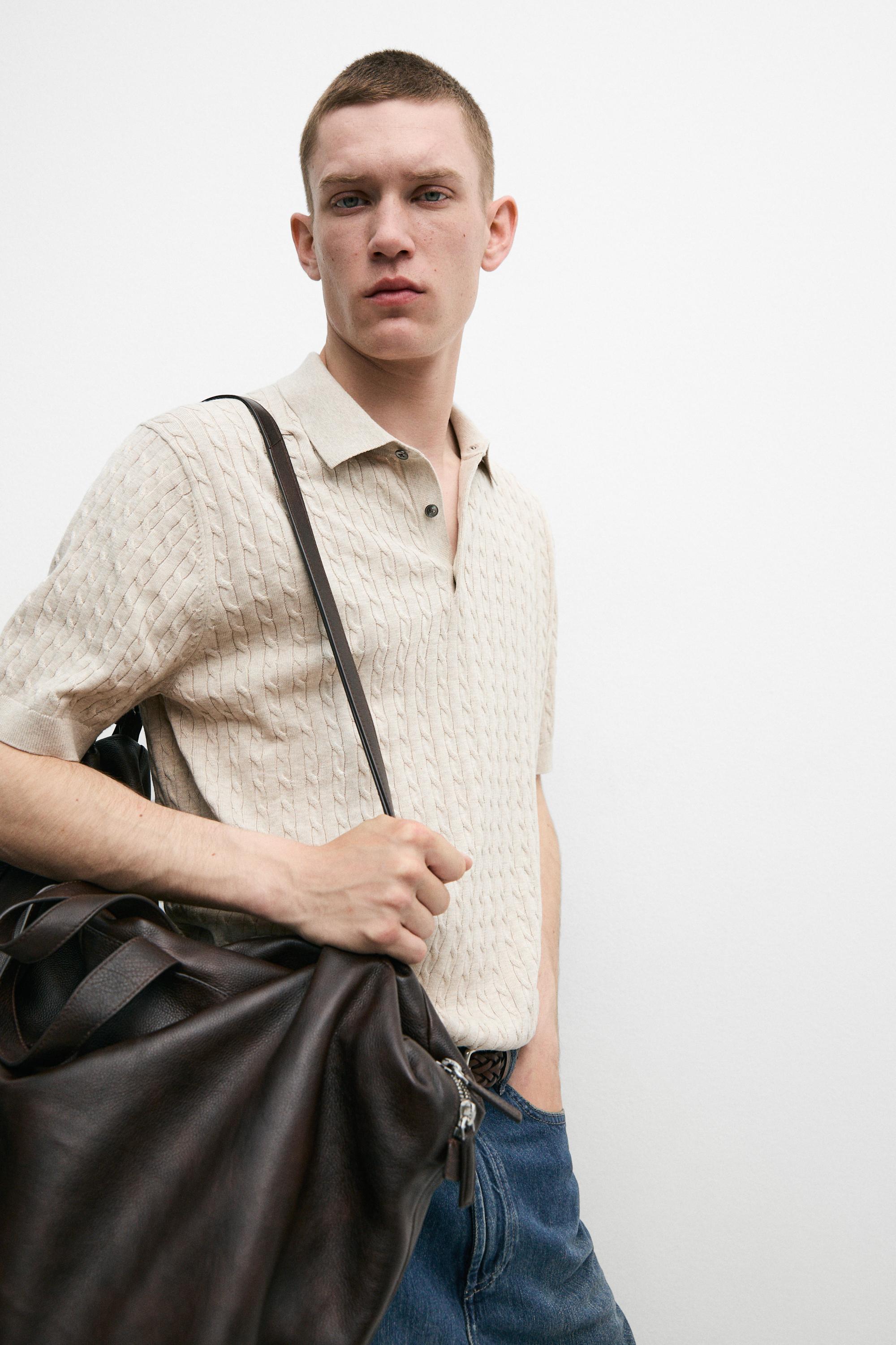 100% cotton cable-knit polo shirt — BEIGE