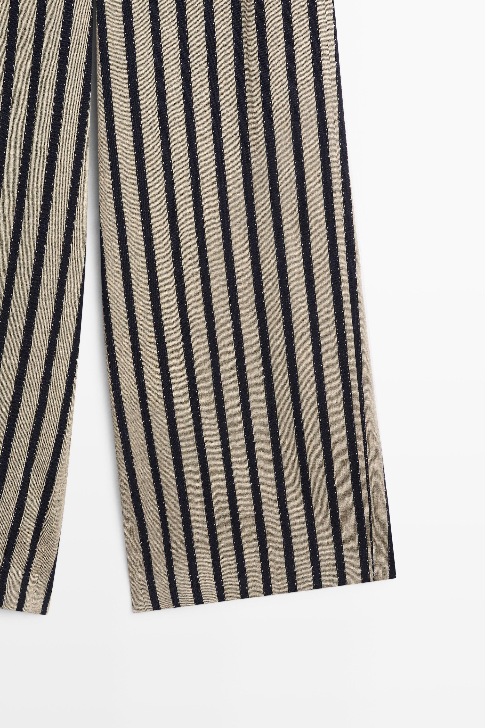 Striped linen blend wide-leg trousers — SAND