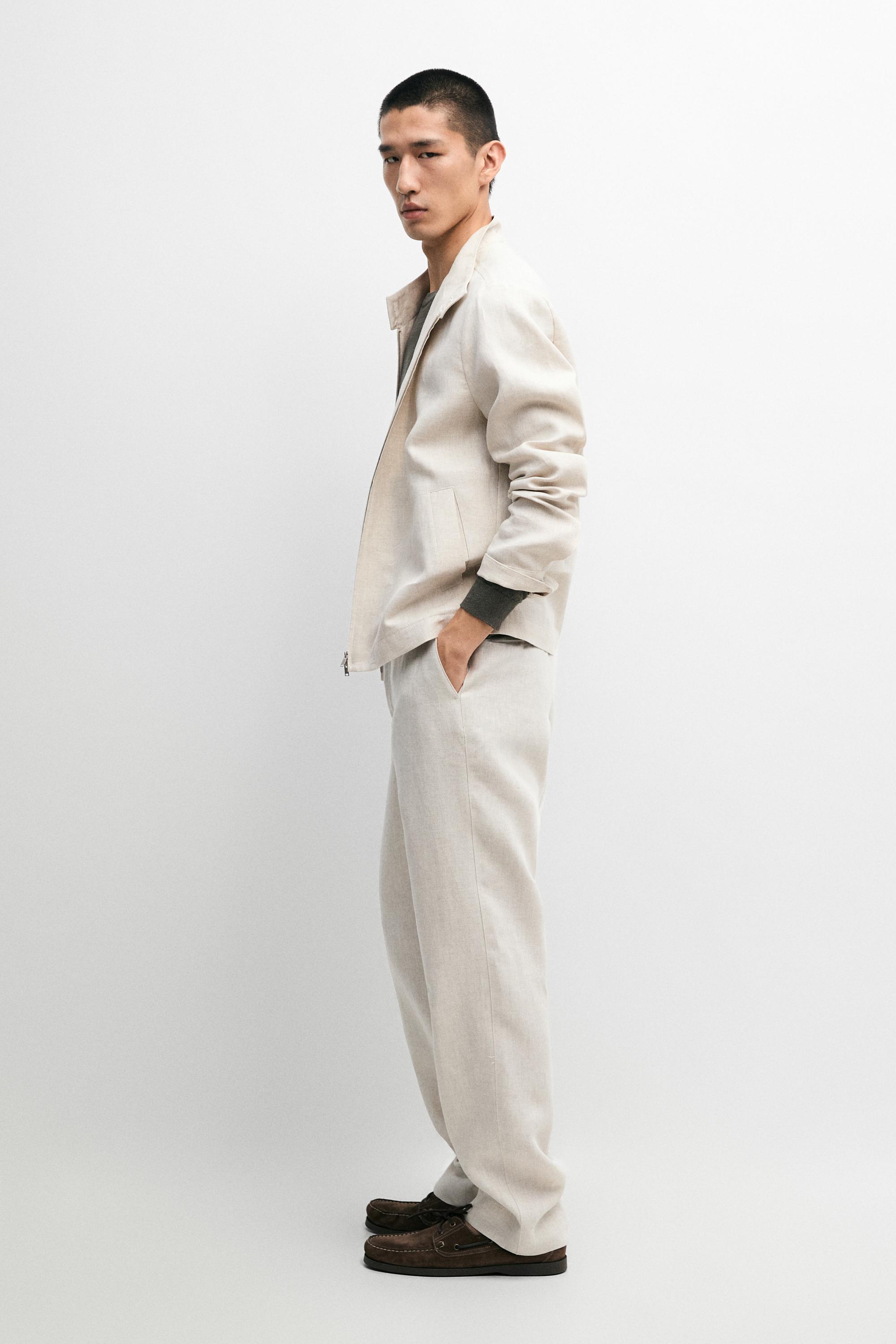 Lightweight linen trousers with herringbone detail — BEIGE