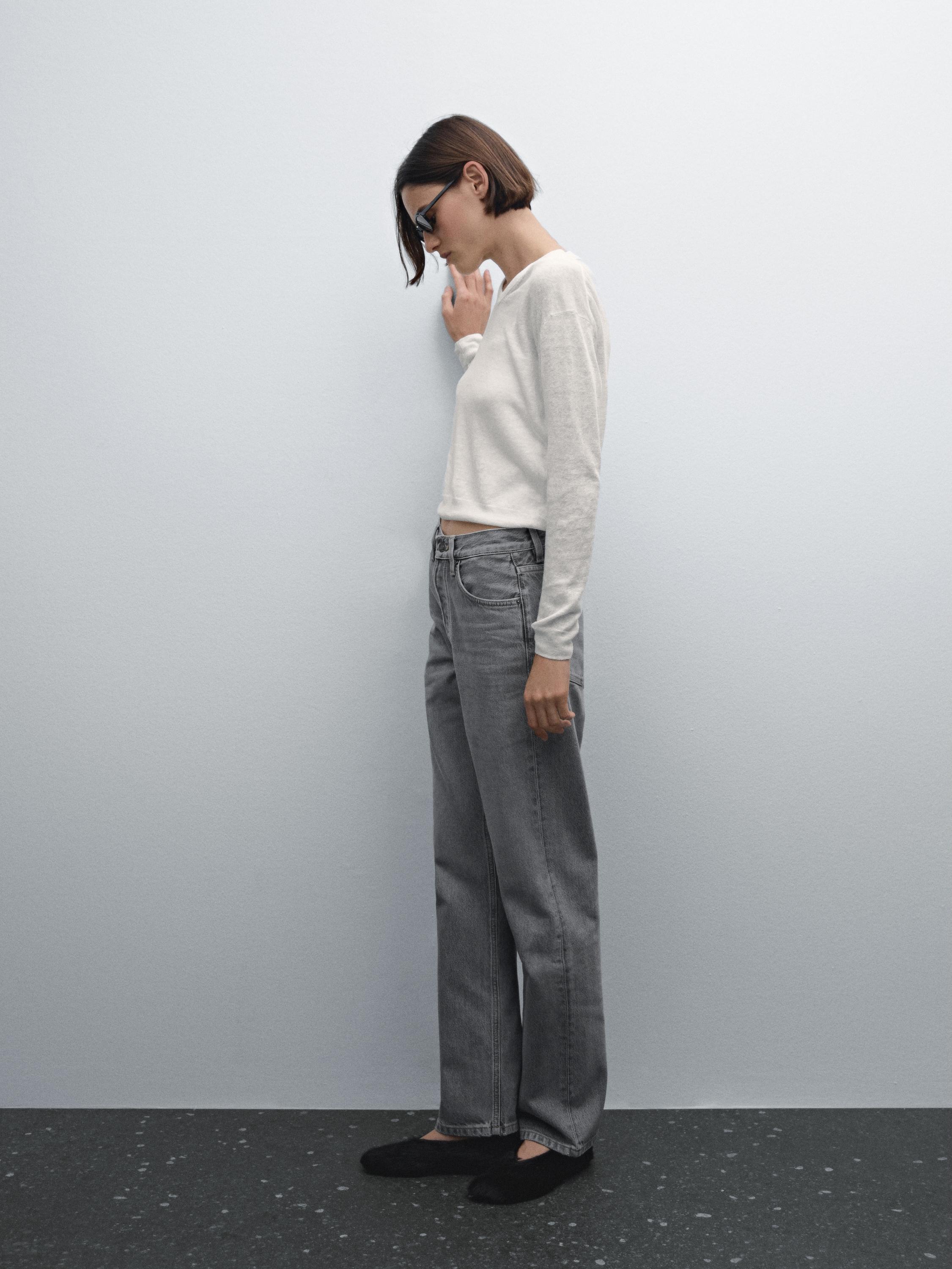 Cotton blend high-waist straight-leg jeans