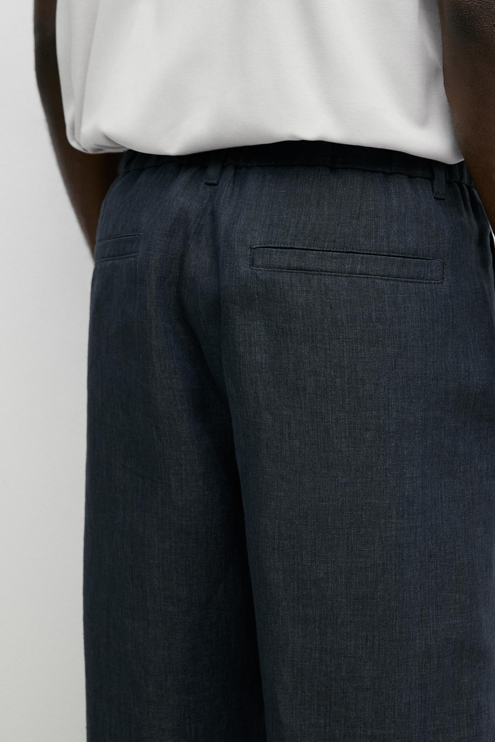 100% Linen Elastic-Waist Pants — NAVY BLUE