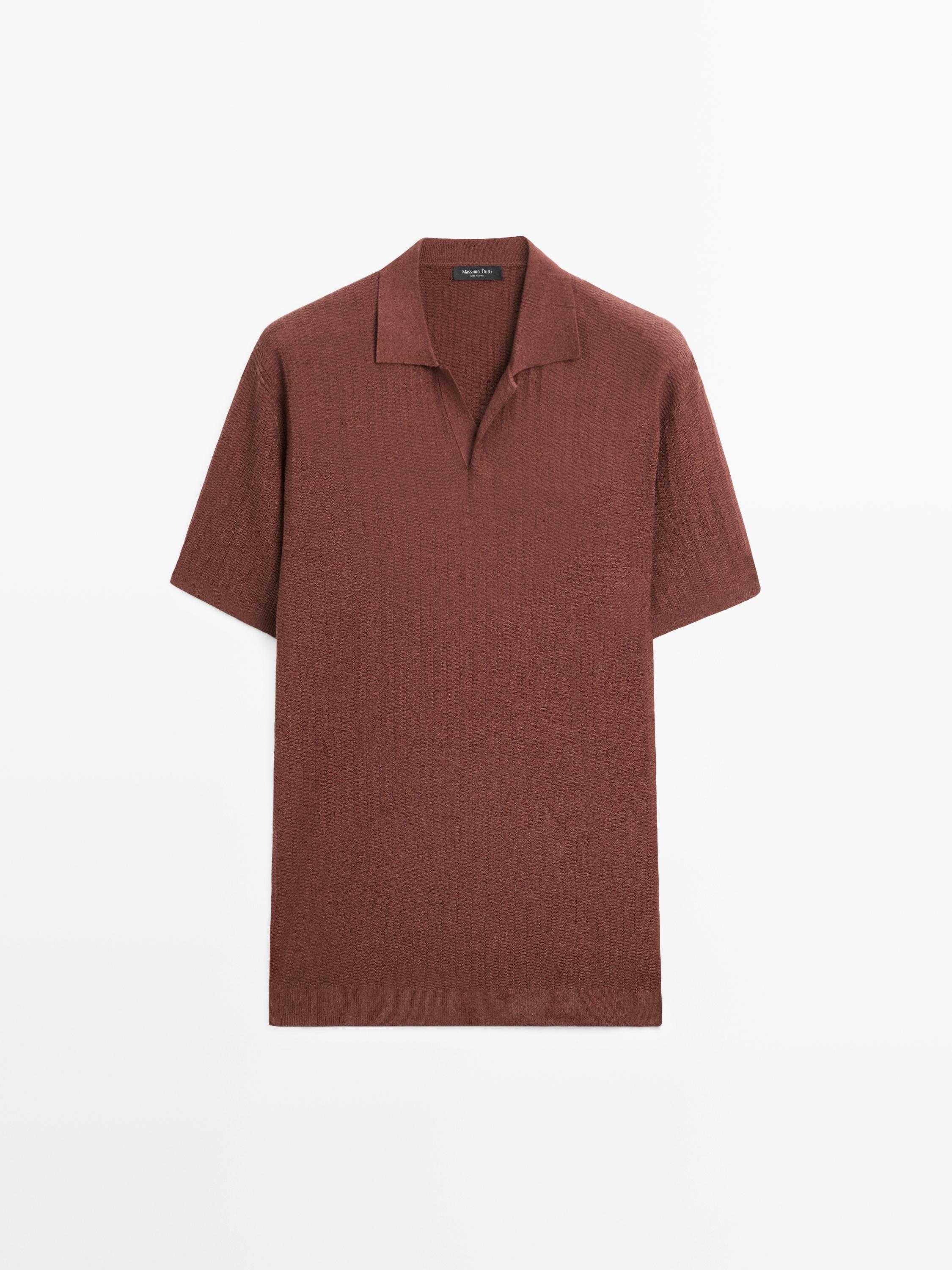 Front view of a knitted wine-red polo shirt with short sleeves and an open collar.