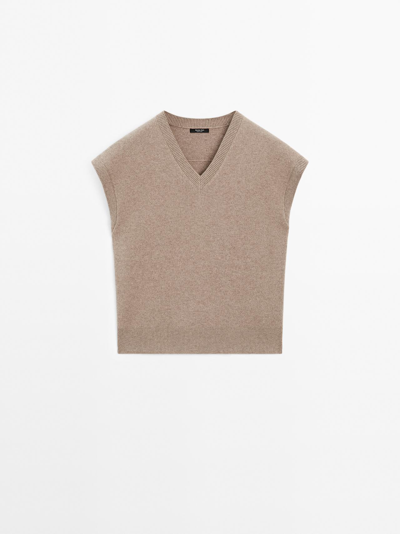 Massimo Dutti - Dames - Tricot Vest Van Wolmix - Mink - L