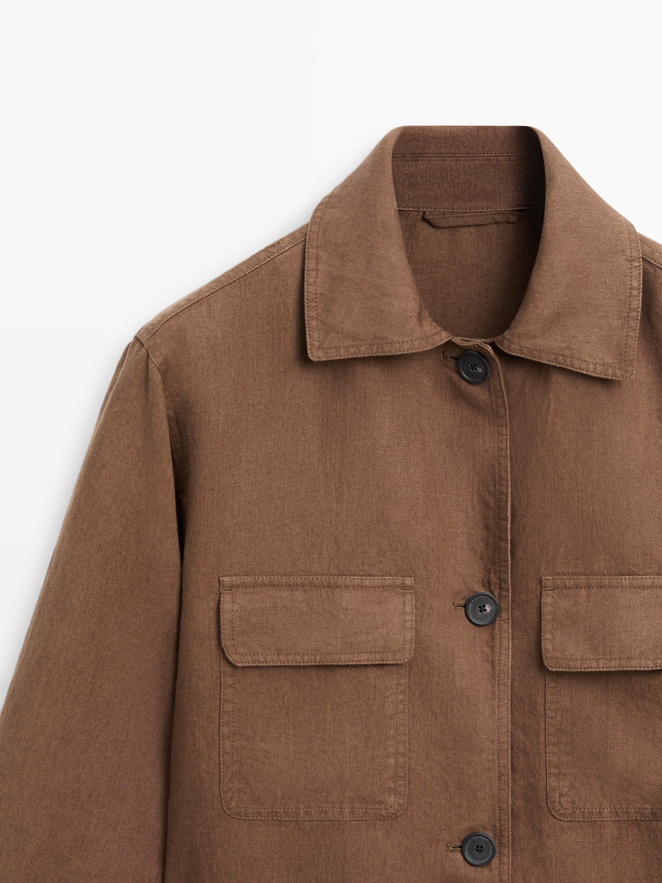 100% linen blazer with pockets and belt detail — BROWN