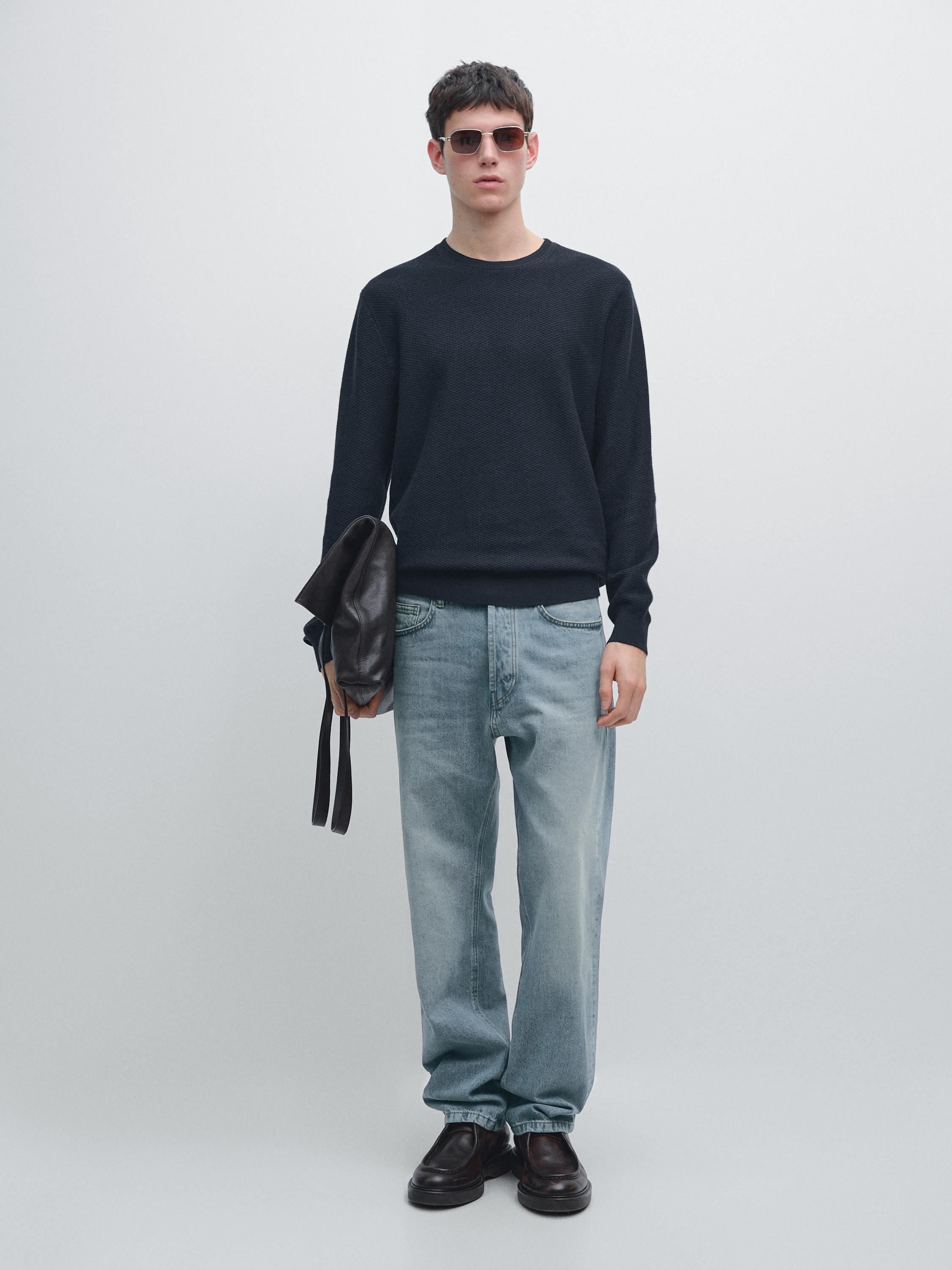 Textured cotton blend knit sweater