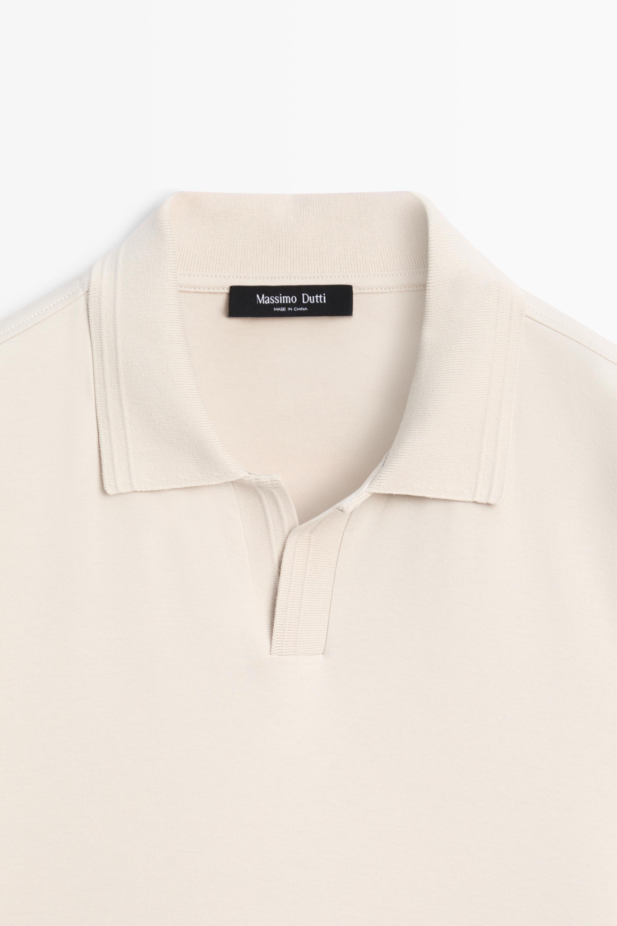 100% cotton V-neck knit polo — STONE