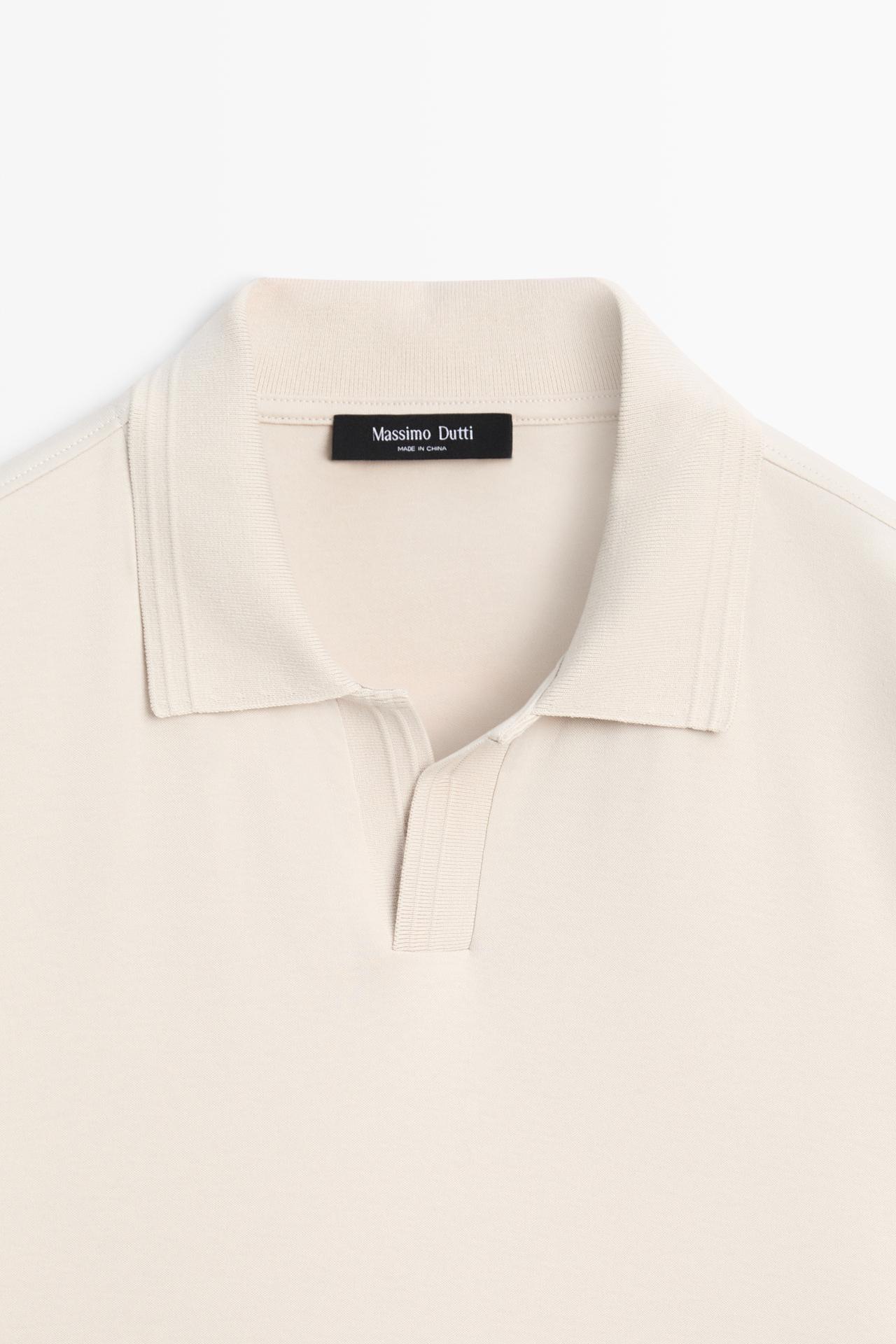 100% cotton V-neck knit polo — STONE