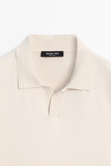 100% cotton V-neck knit polo — STONE 4
