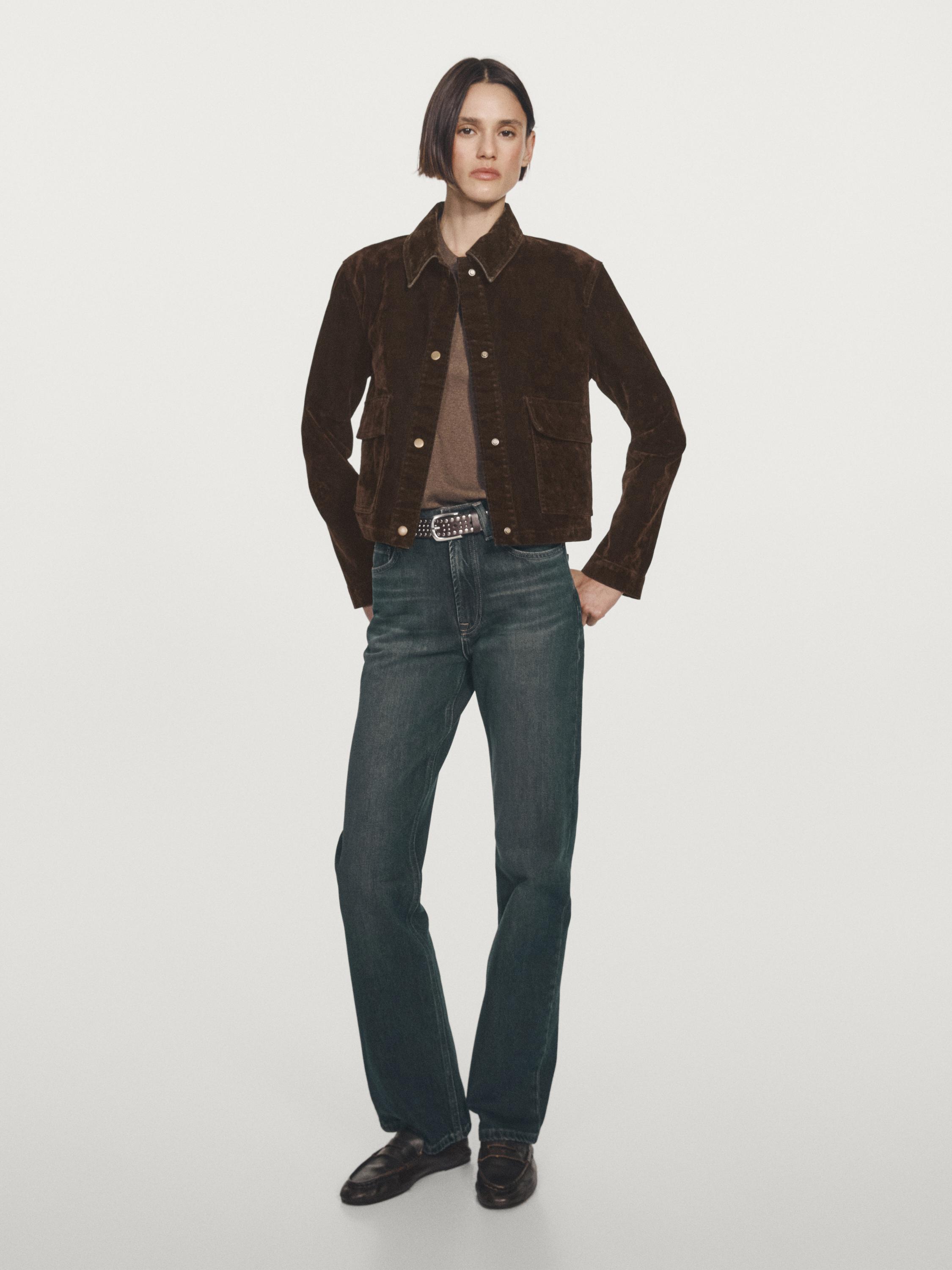 Short denim jacket with pockets and flocked finish · Chocolate · Suits Massimo Dutti
