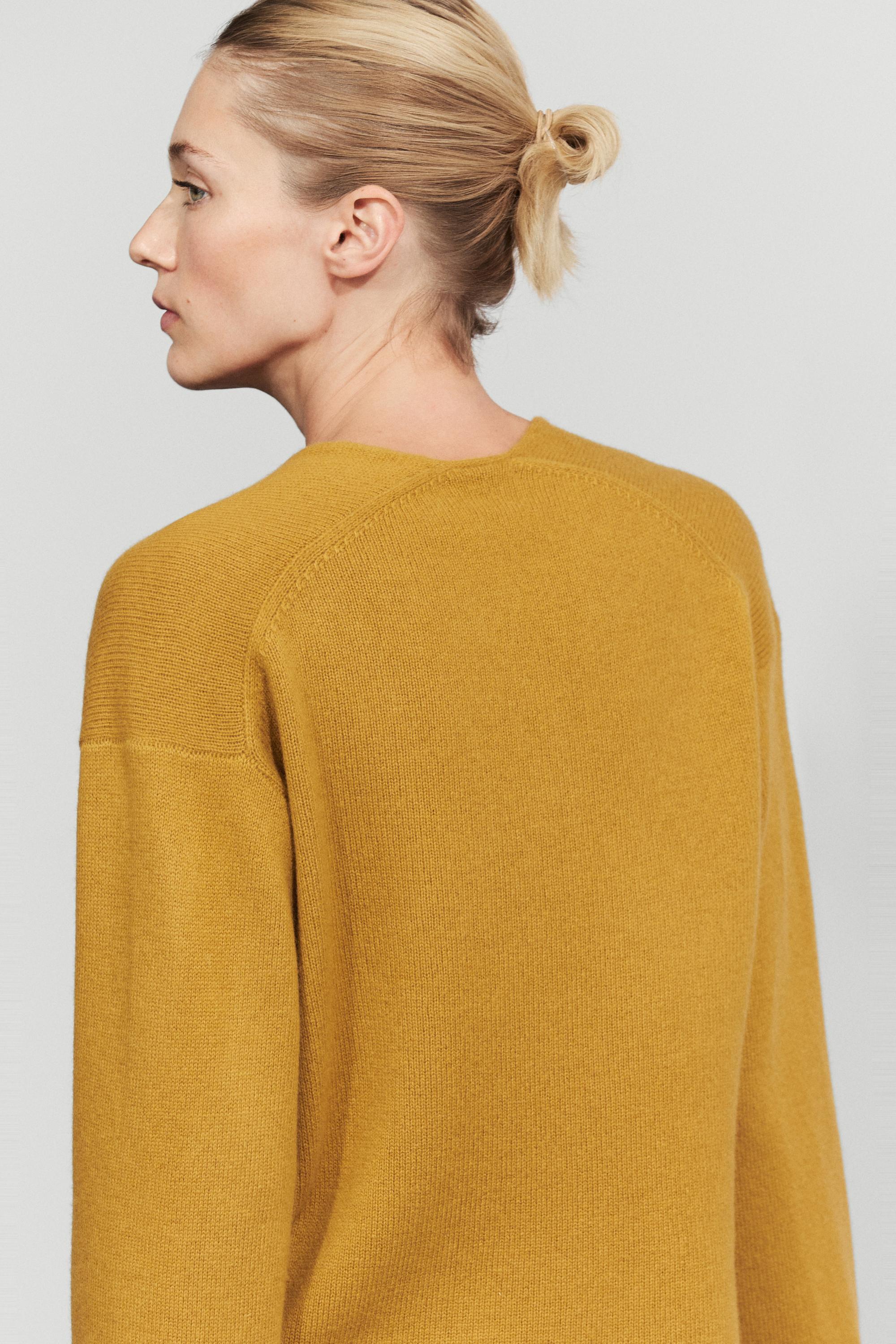 Long-line knit sweater with neckline detail — MUSTARD YELLOW