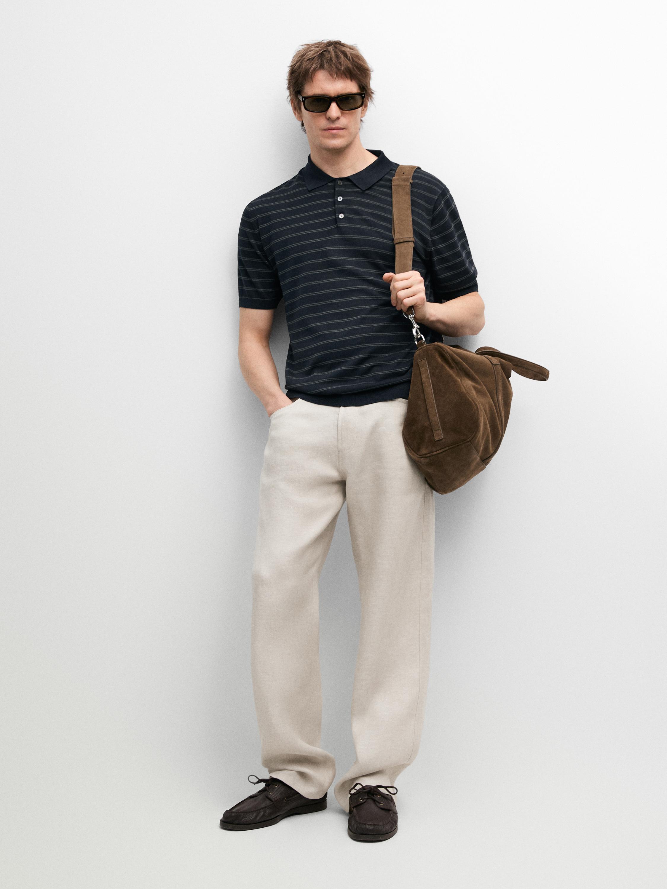 Cotton blend knit polo shirt with striped detail — NAVY BLUE