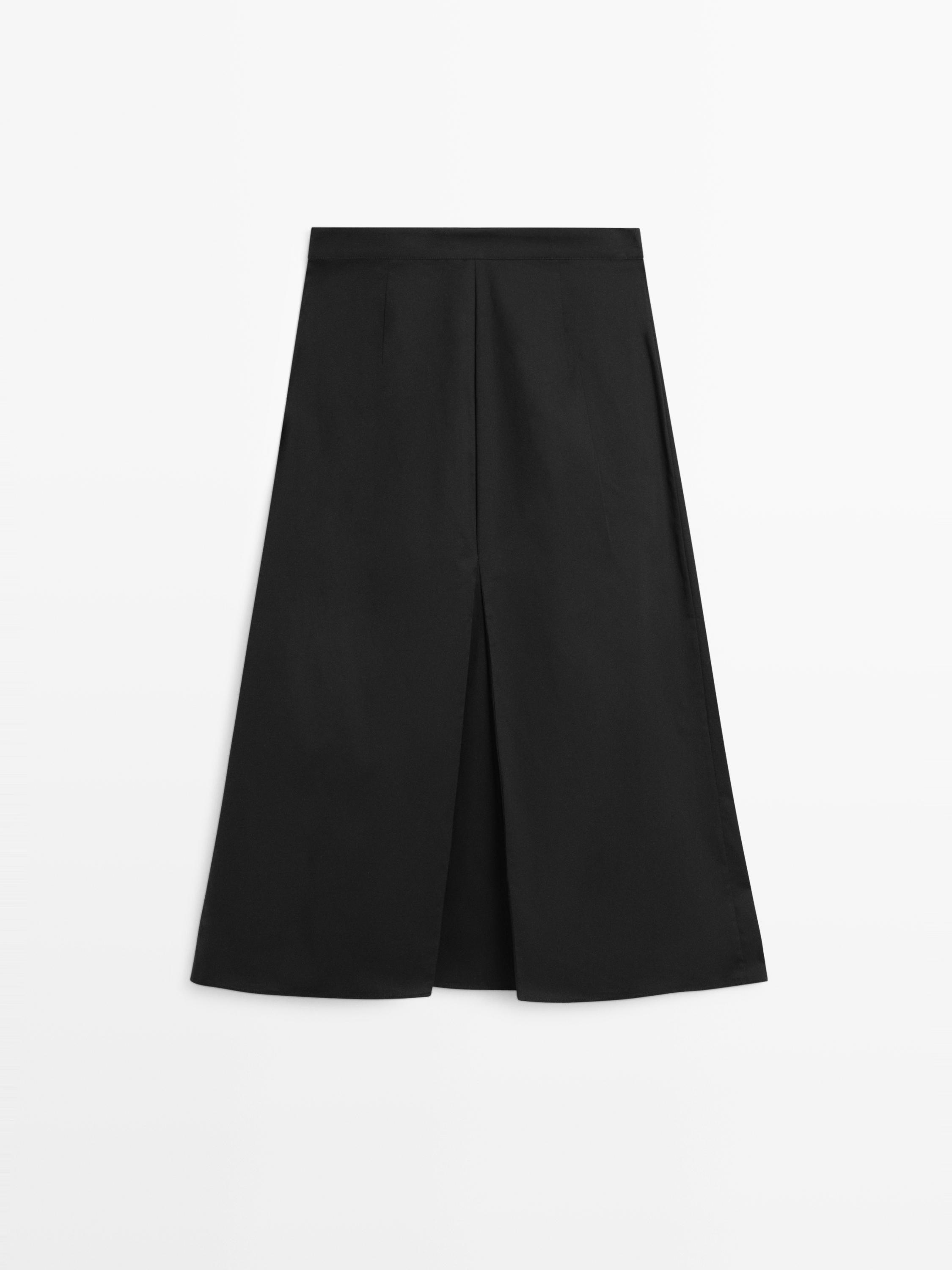 Cotton blend box pleat midi skirt — BLACK