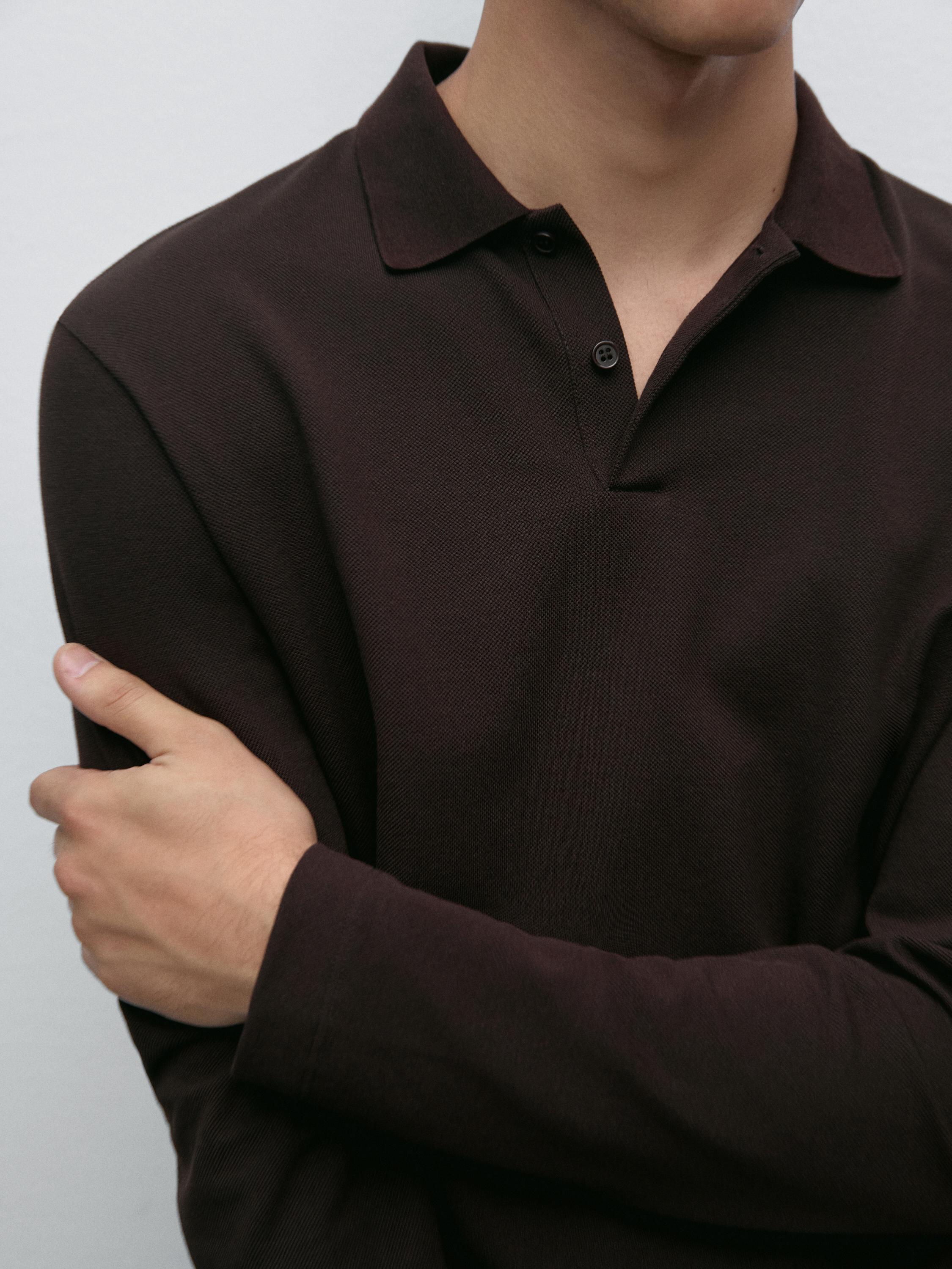 Long sleeve mercerised cotton piqué polo shirt