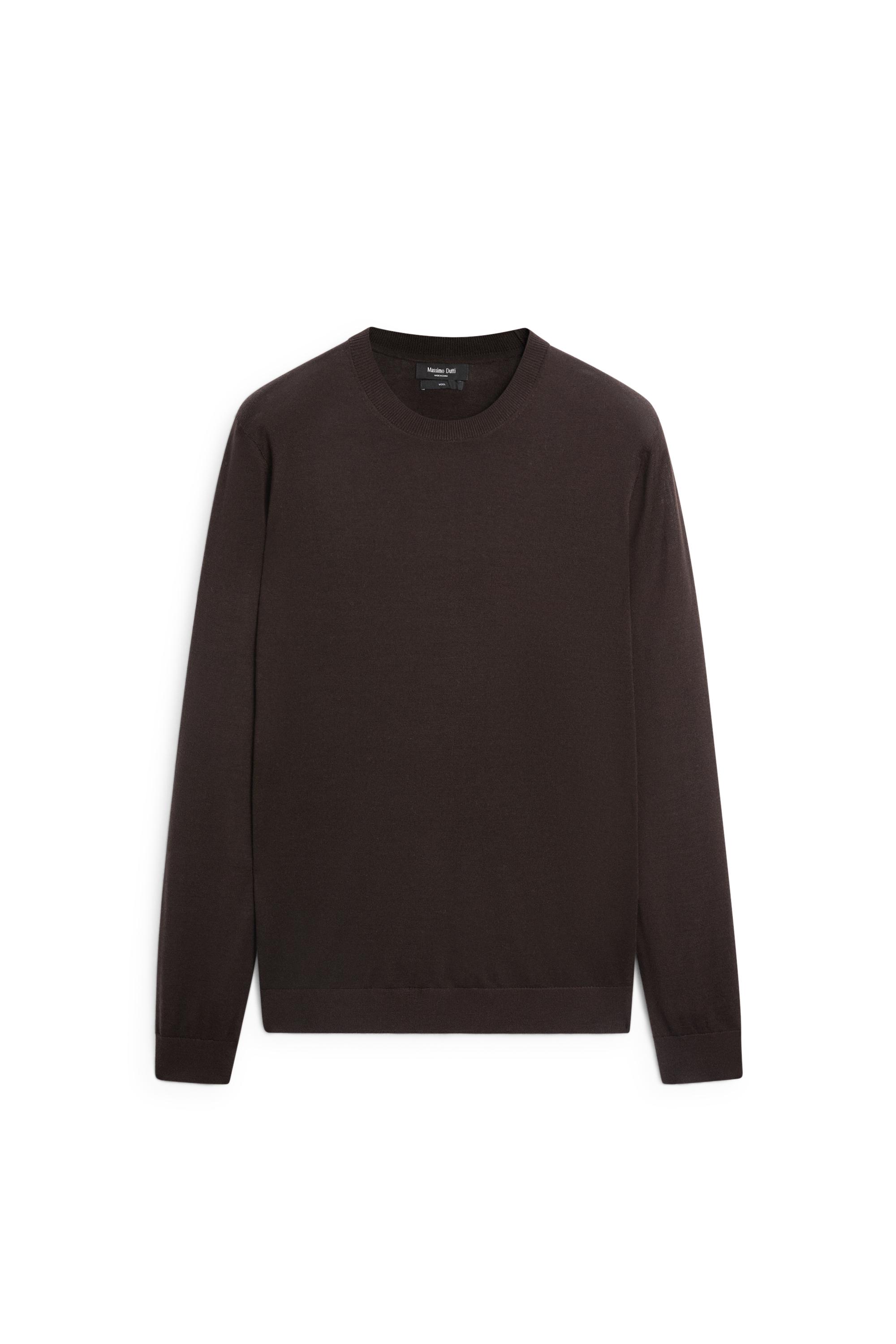 100% merino wool knit round neck sweater — BROWN