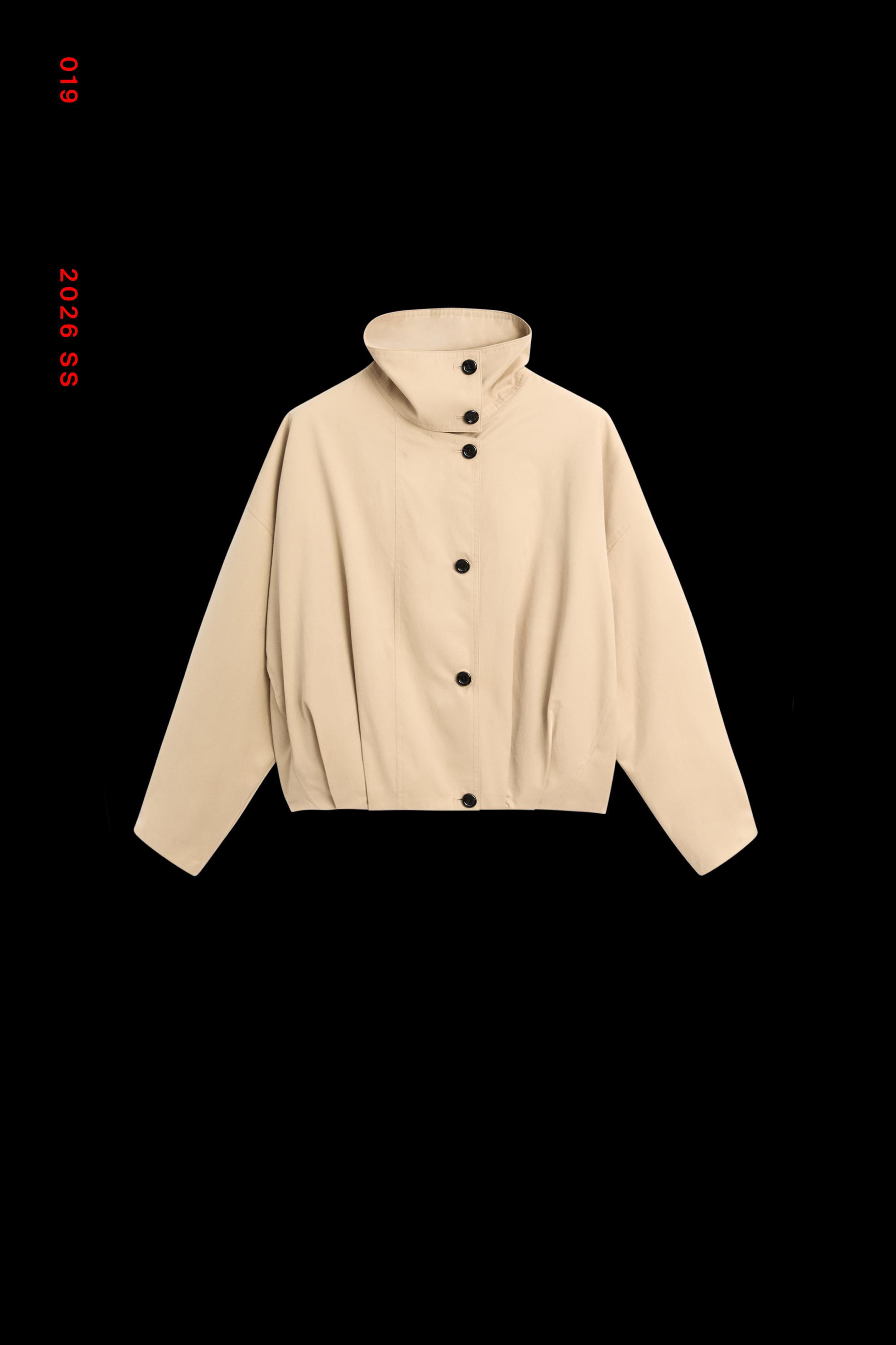 Pleated stand-collar bomber jacket — Beige
