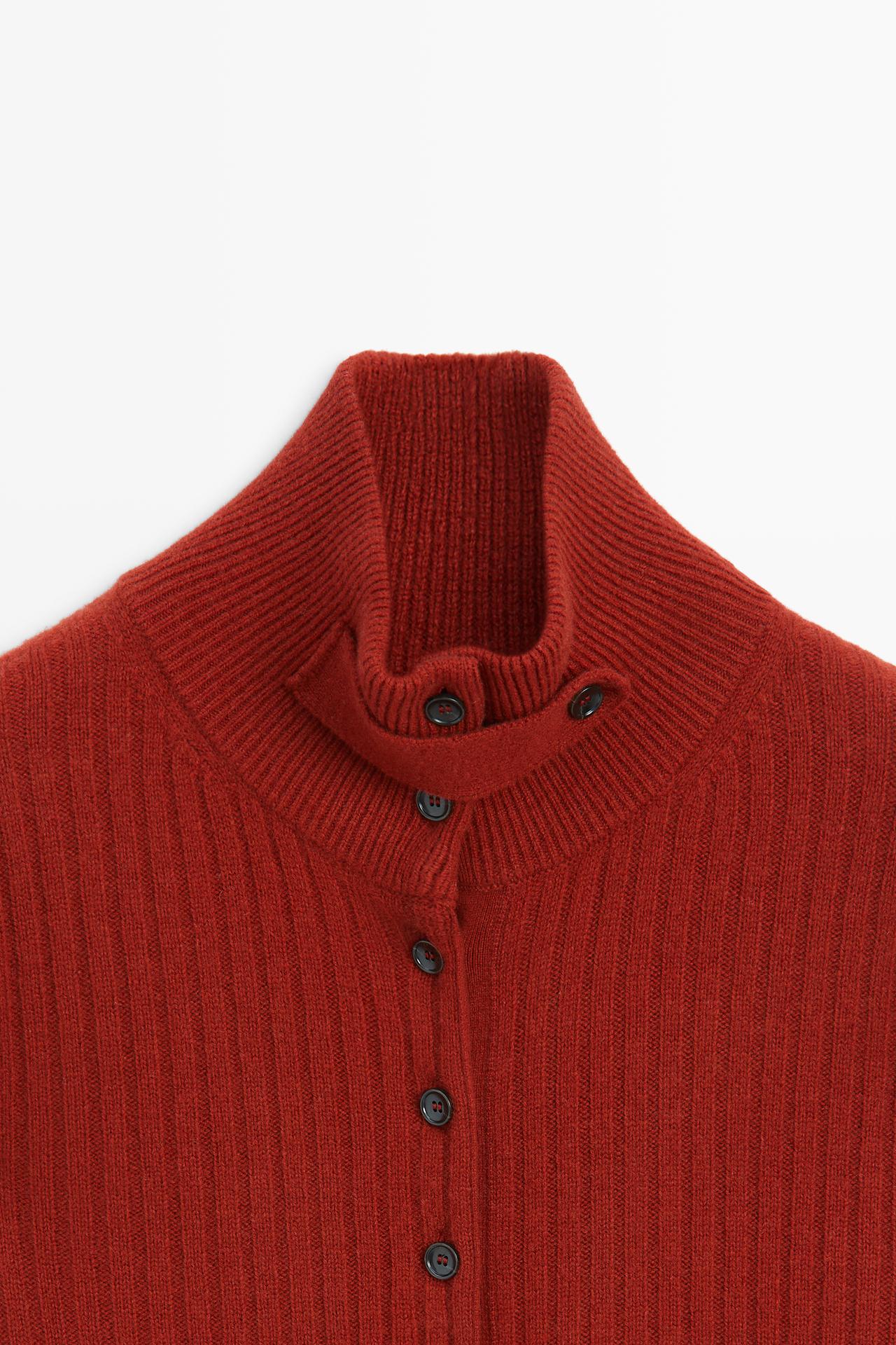 Ribbed knit cardigan with tab detail — DARK PINK