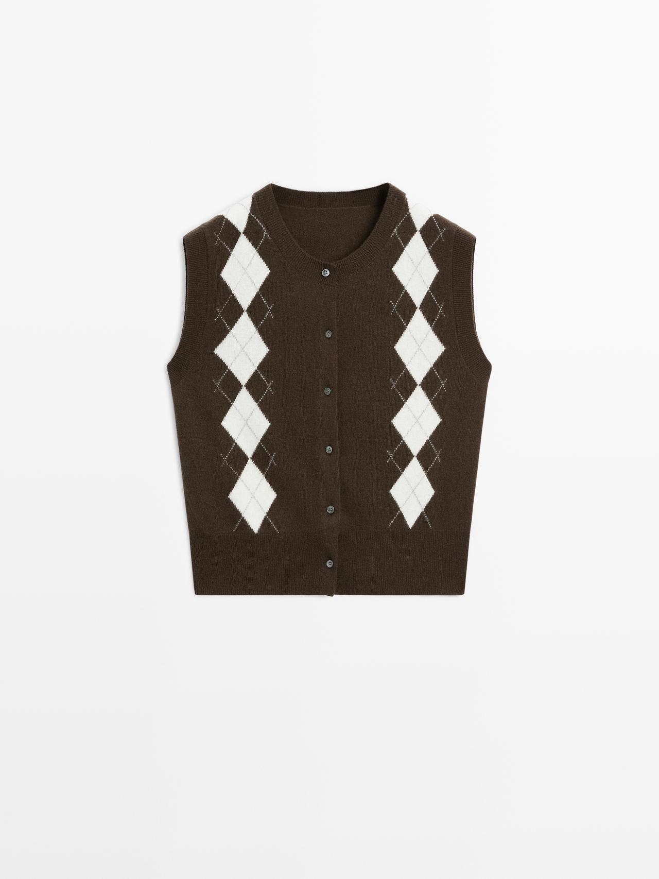 Massimo Dutti - Dame - Strikket Cardigan-Vest Med Diamantdetalje - Chokolade - S
