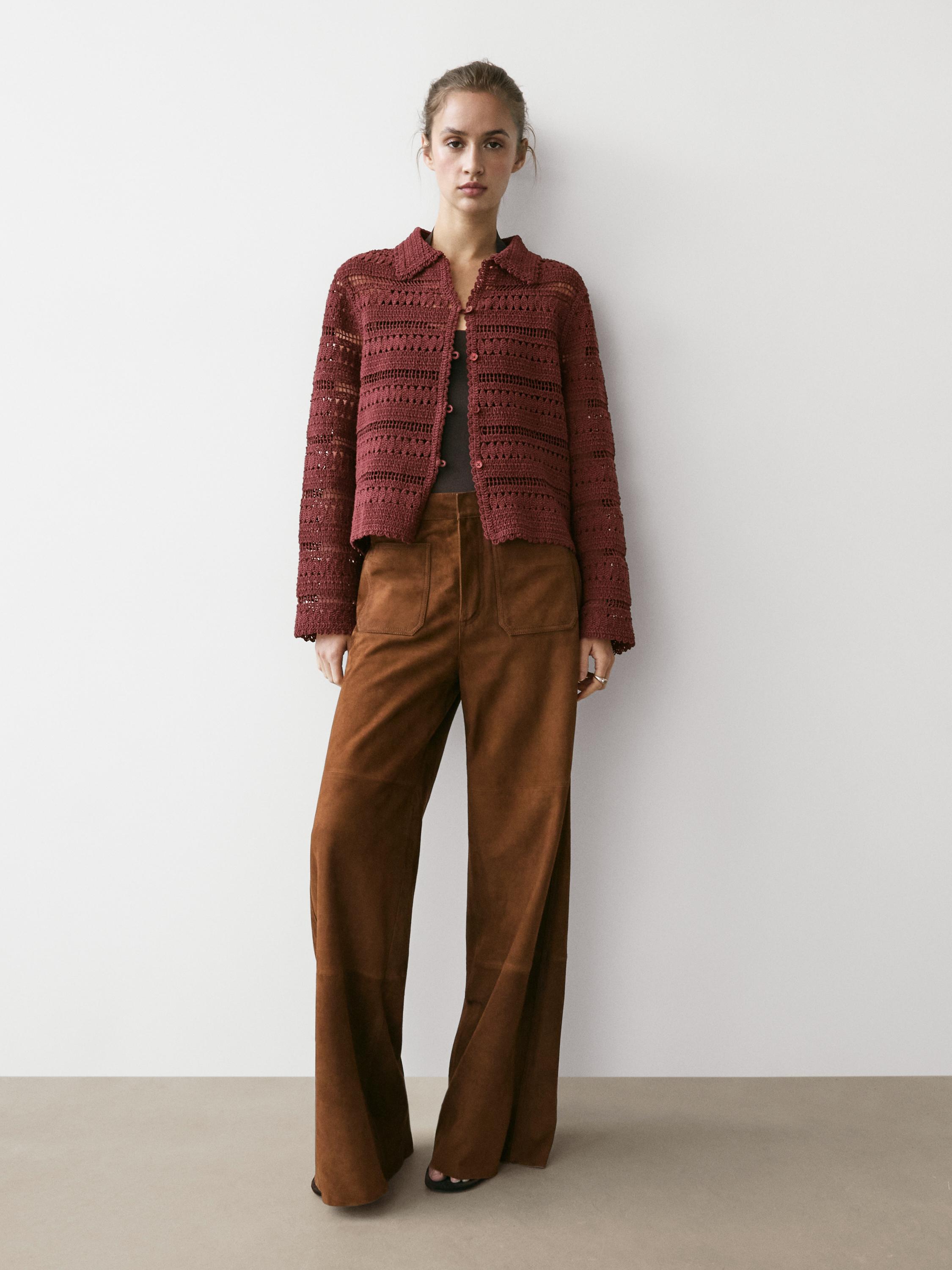 Cropped suede leather trousers with drawstrings — BROWN