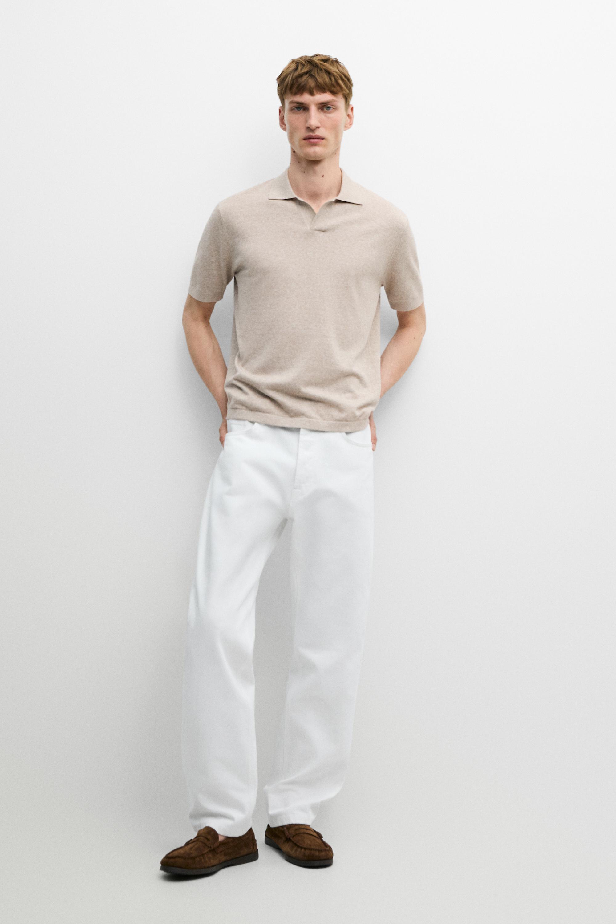 Cotton and linen knit polo sweater — BEIGE