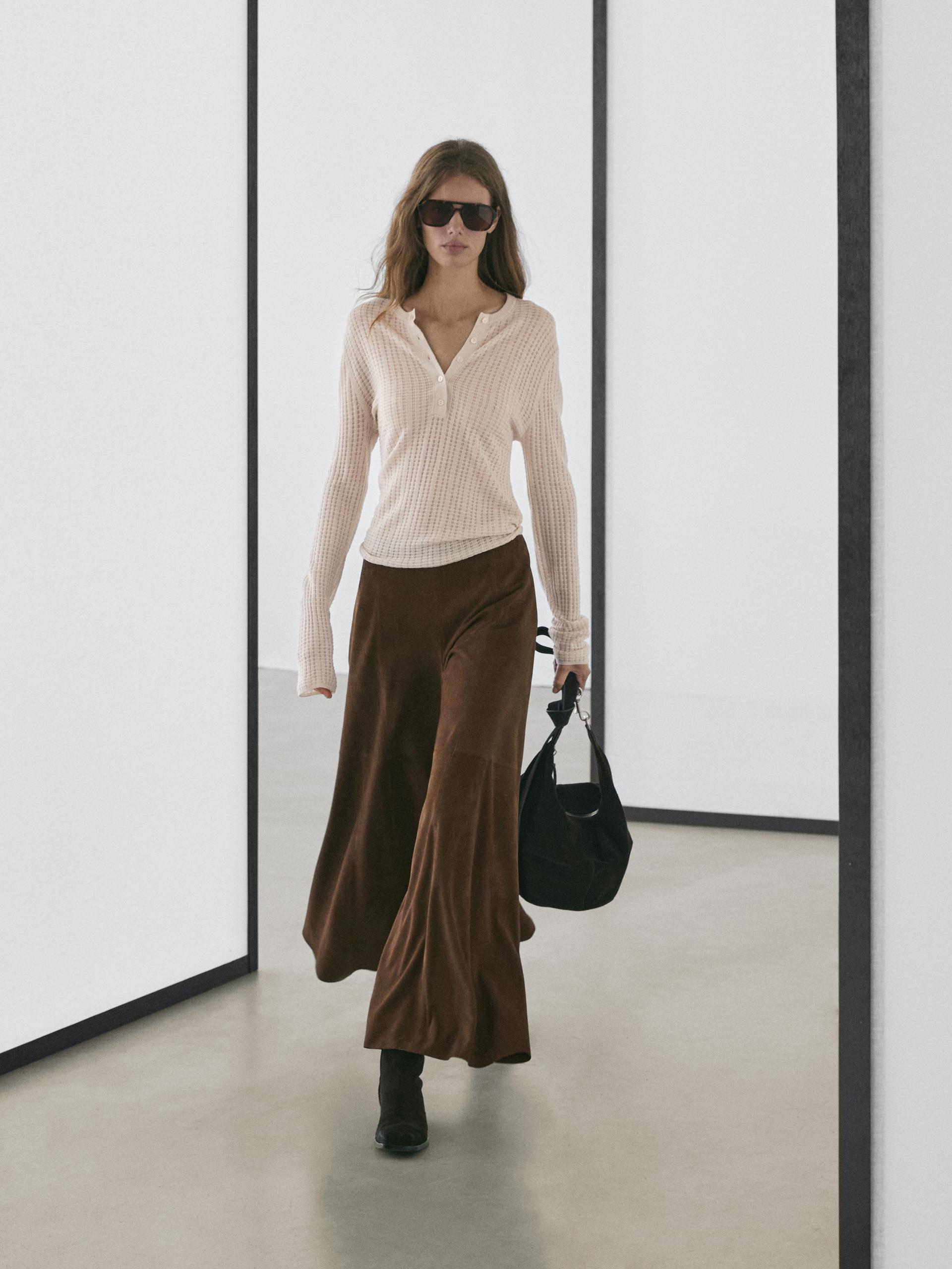 Camisola De Malha Rendilhada Com Decote De Botões Com Lã - Cru - S - Massimo Dutti - Mulher