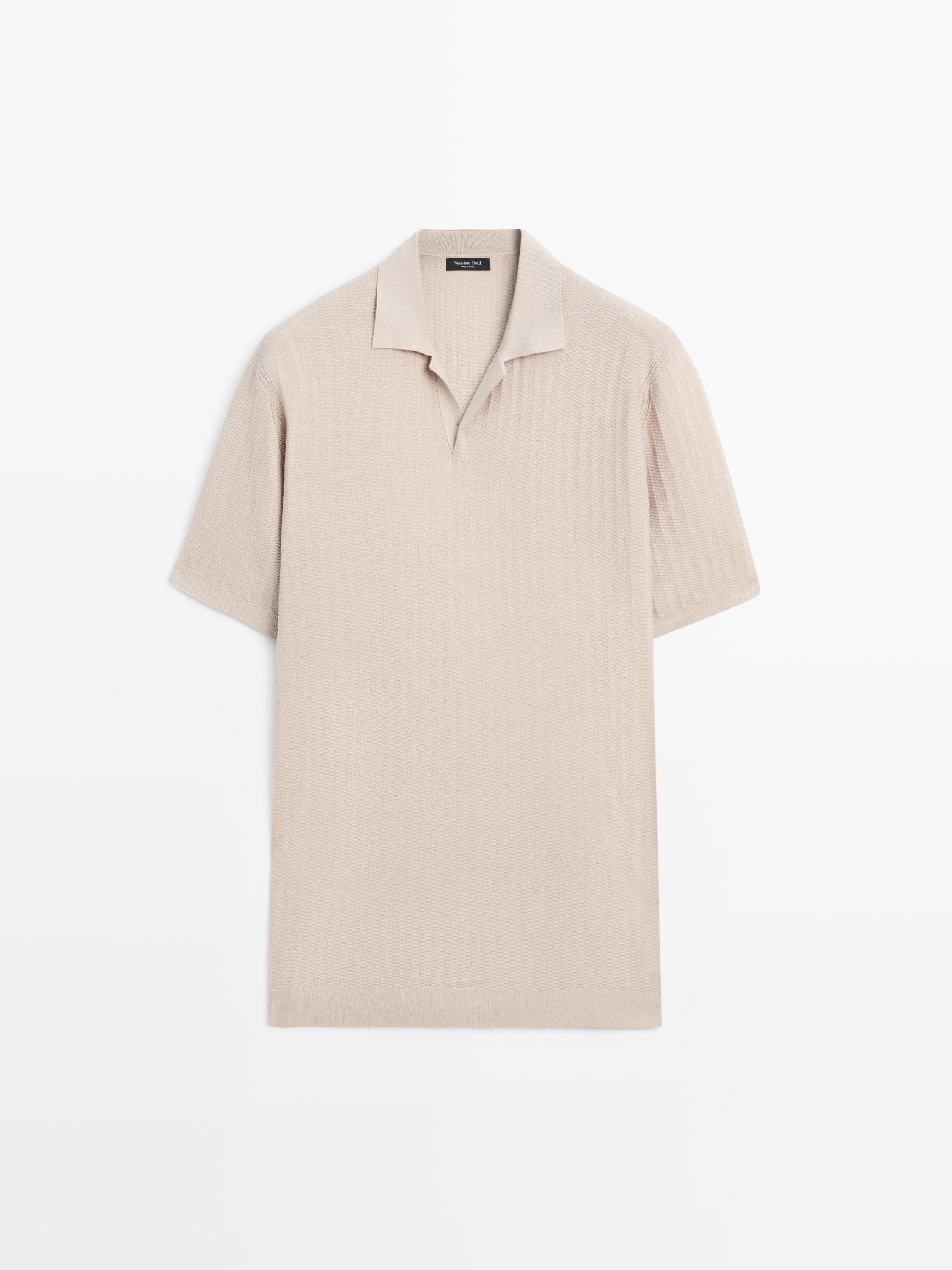 Short sleeve cotton and linen blend knit polo shirt