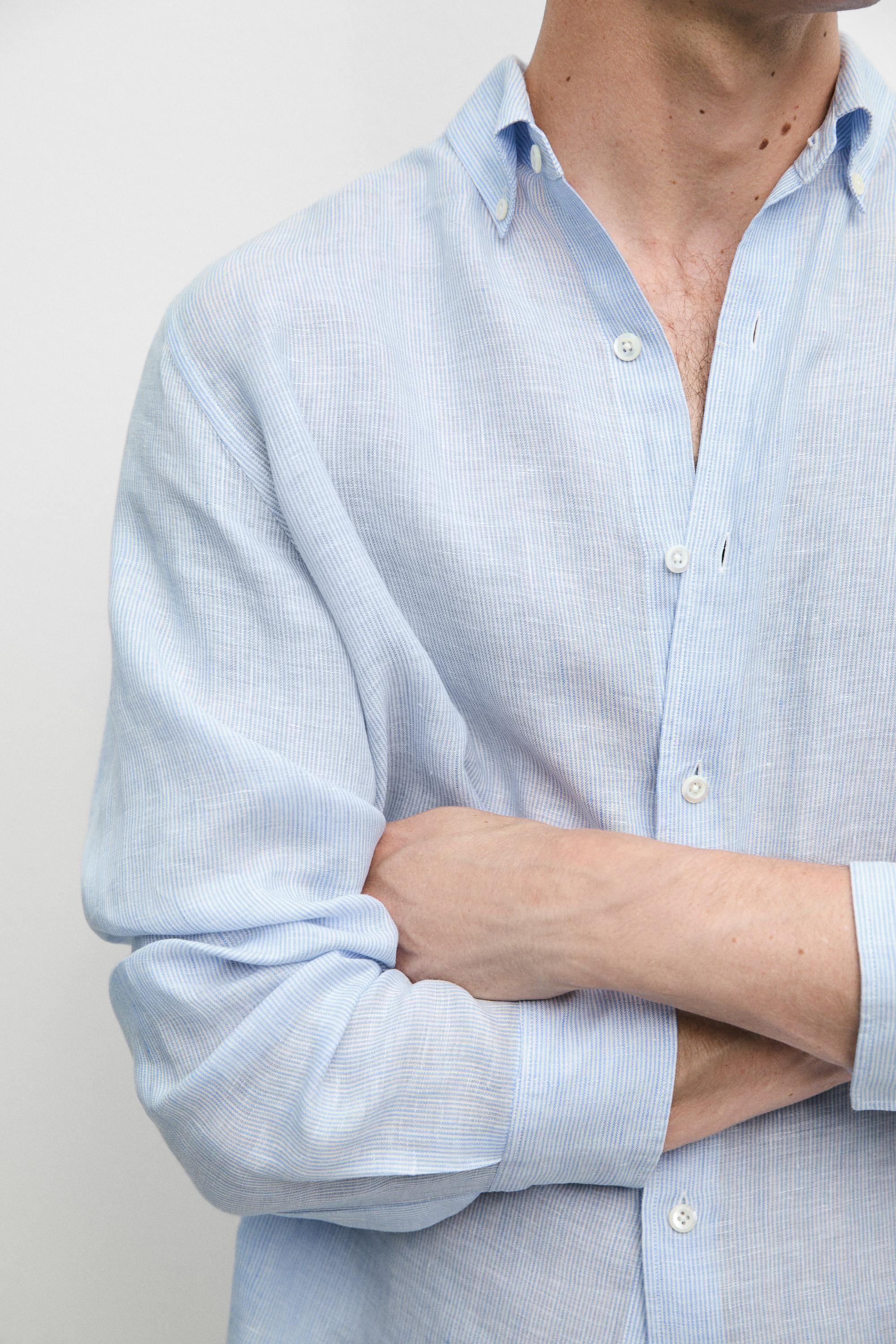 100% linen regular fit pinstriped shirt — SKY BLUE