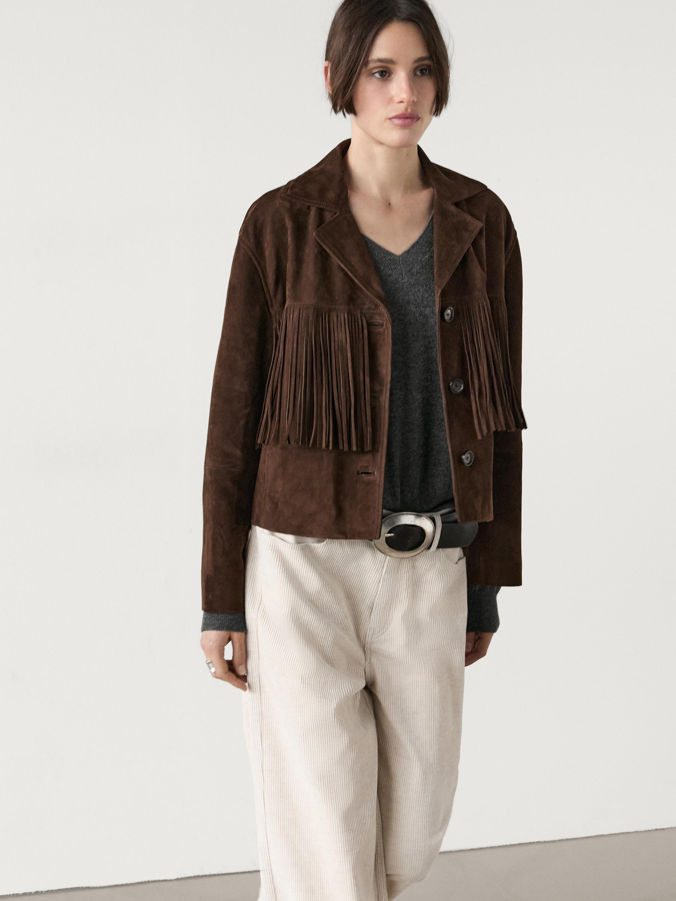 Zamszowa kurtka ze skórzanymi frędzlami