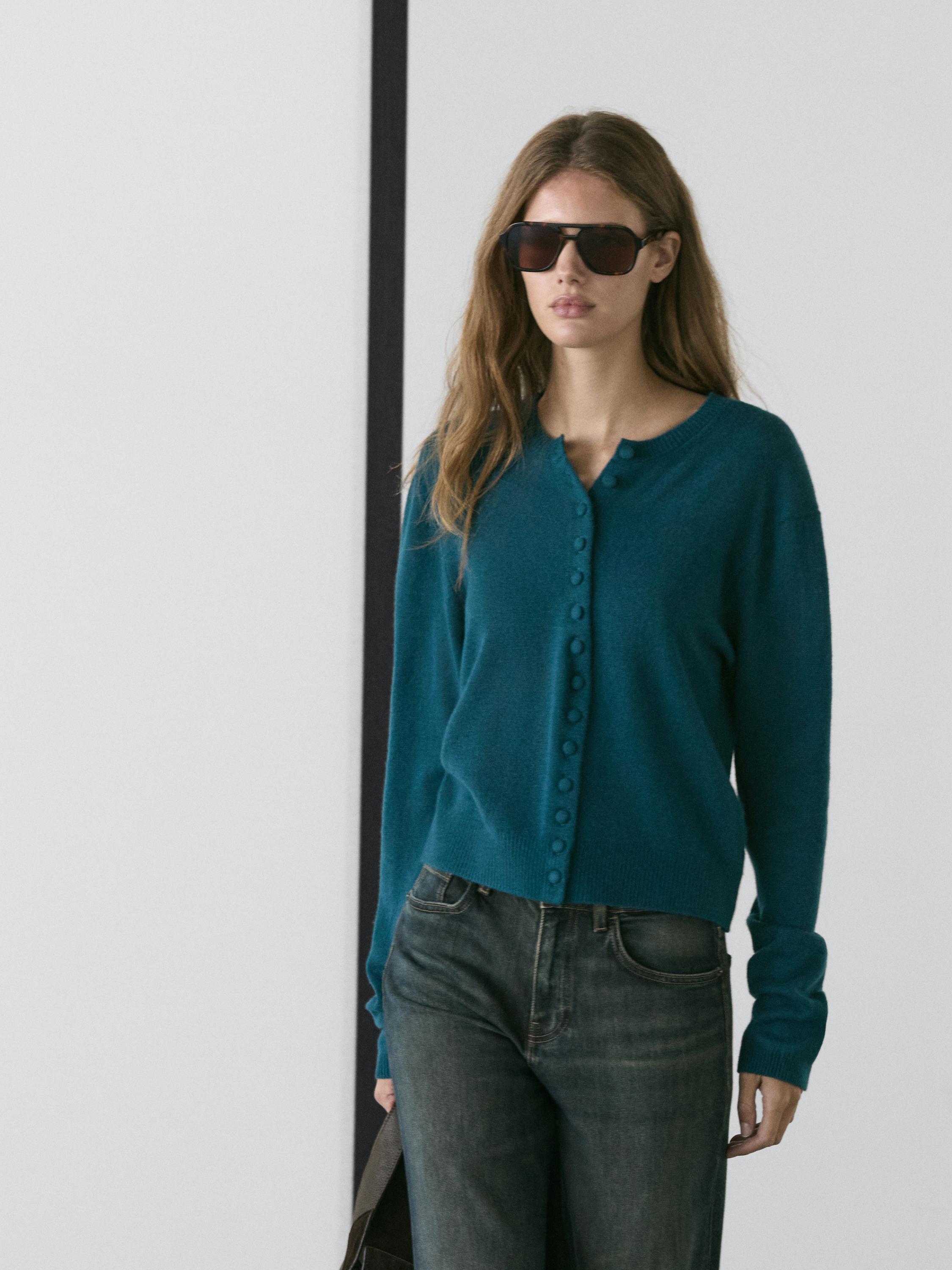 Wool knit cardigan with covered buttons