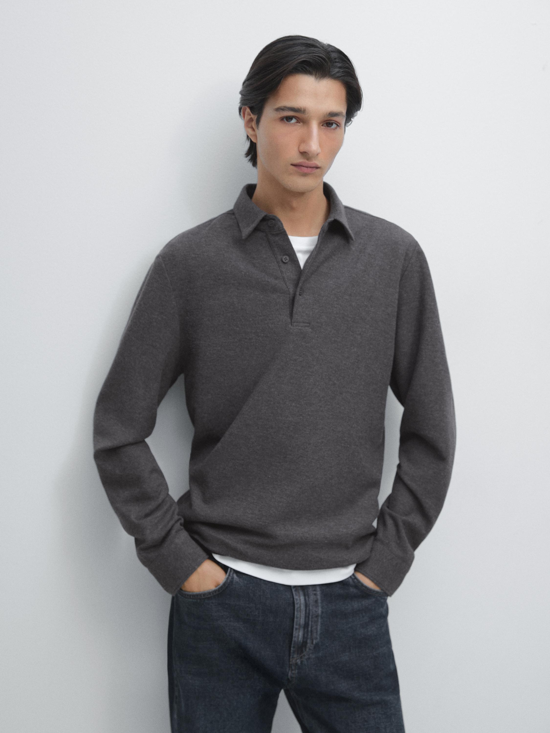 Textured piqué polo shirt with long sleeves