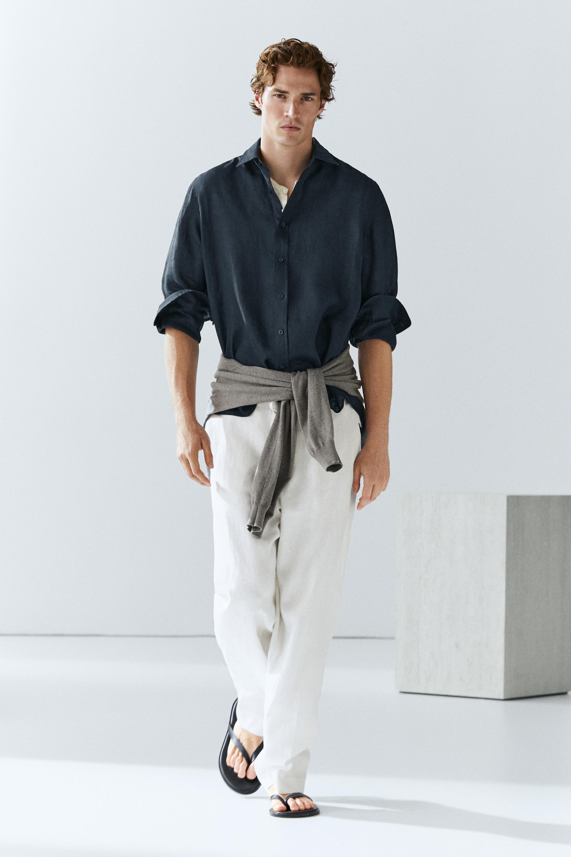 100% linen slim fit shirt — NAVY BLUE