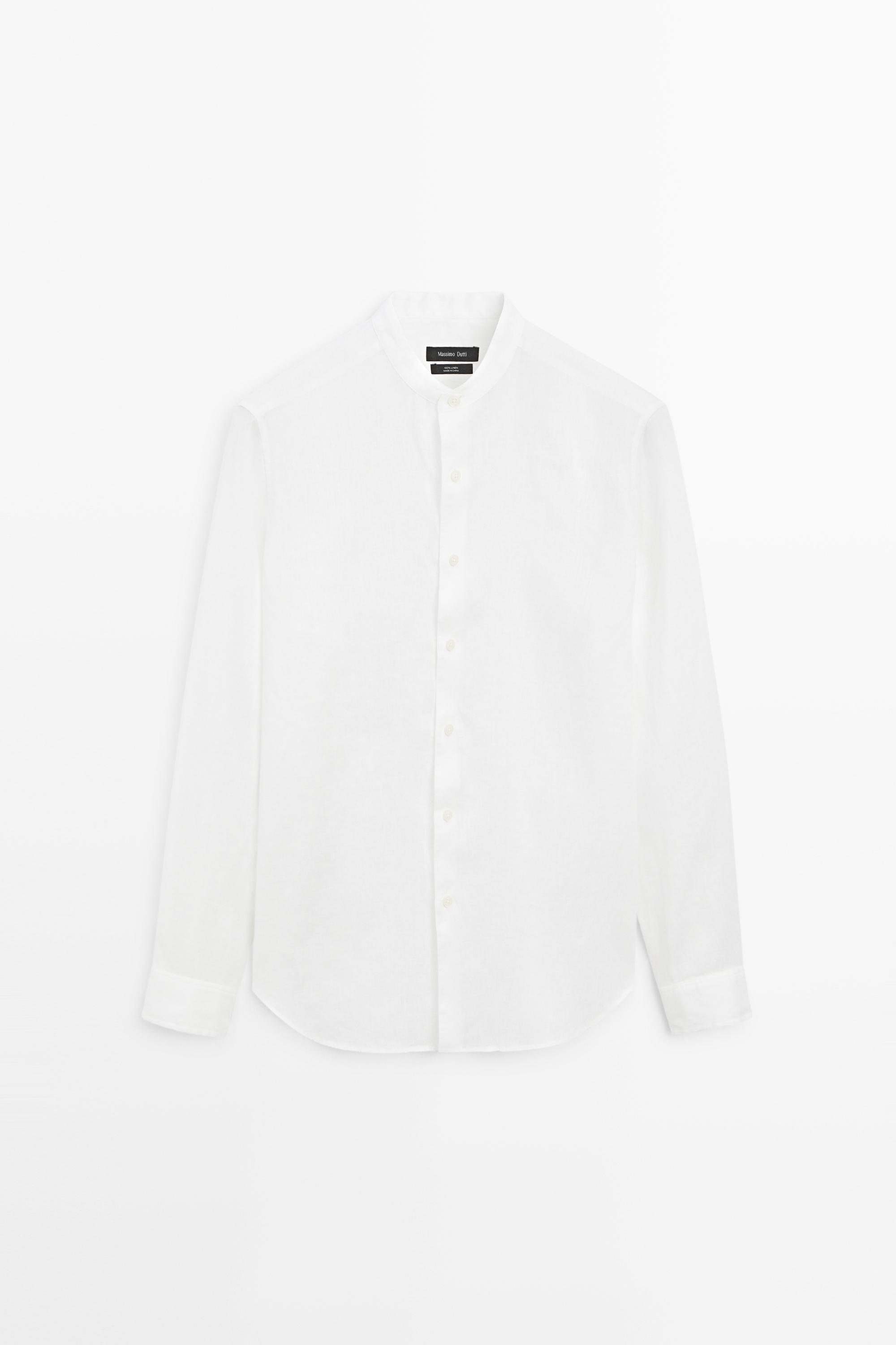 100% linen regular fit stand collar shirt — WHITE