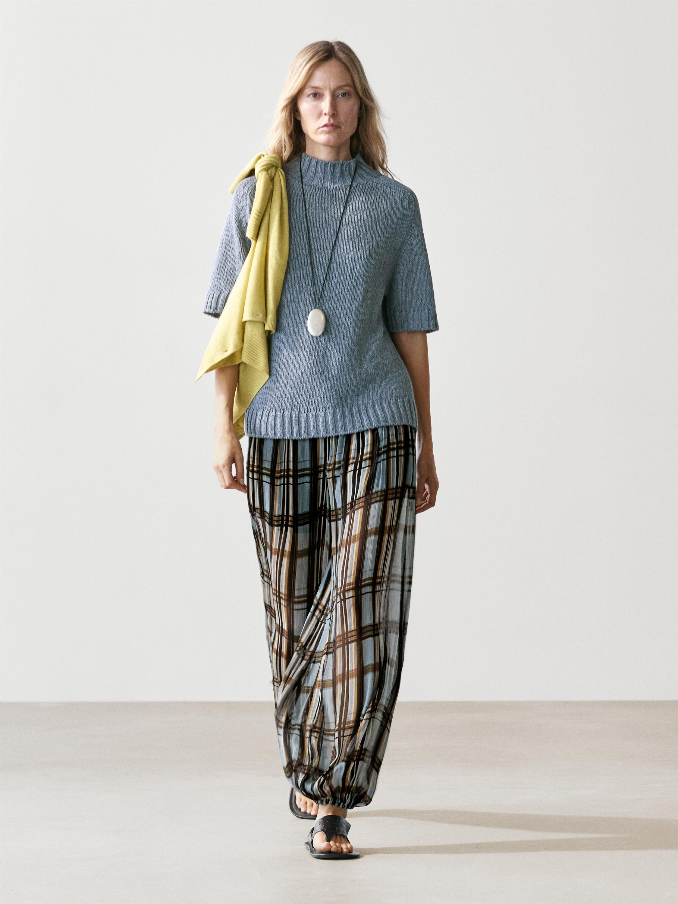 Flowing check printed sarouel trousers — Light Blue