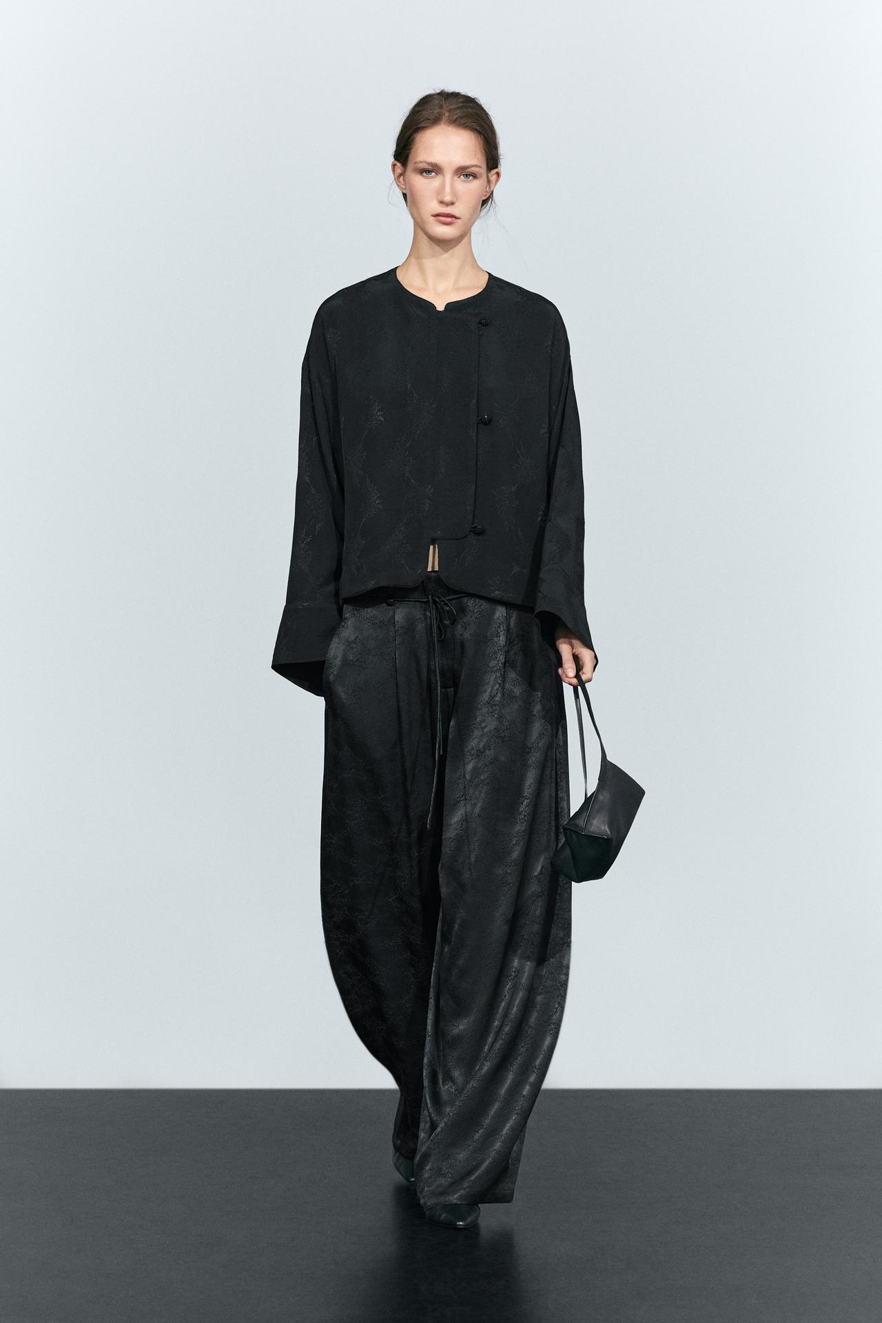 Cropped jacquard detail jacket — BLACK
