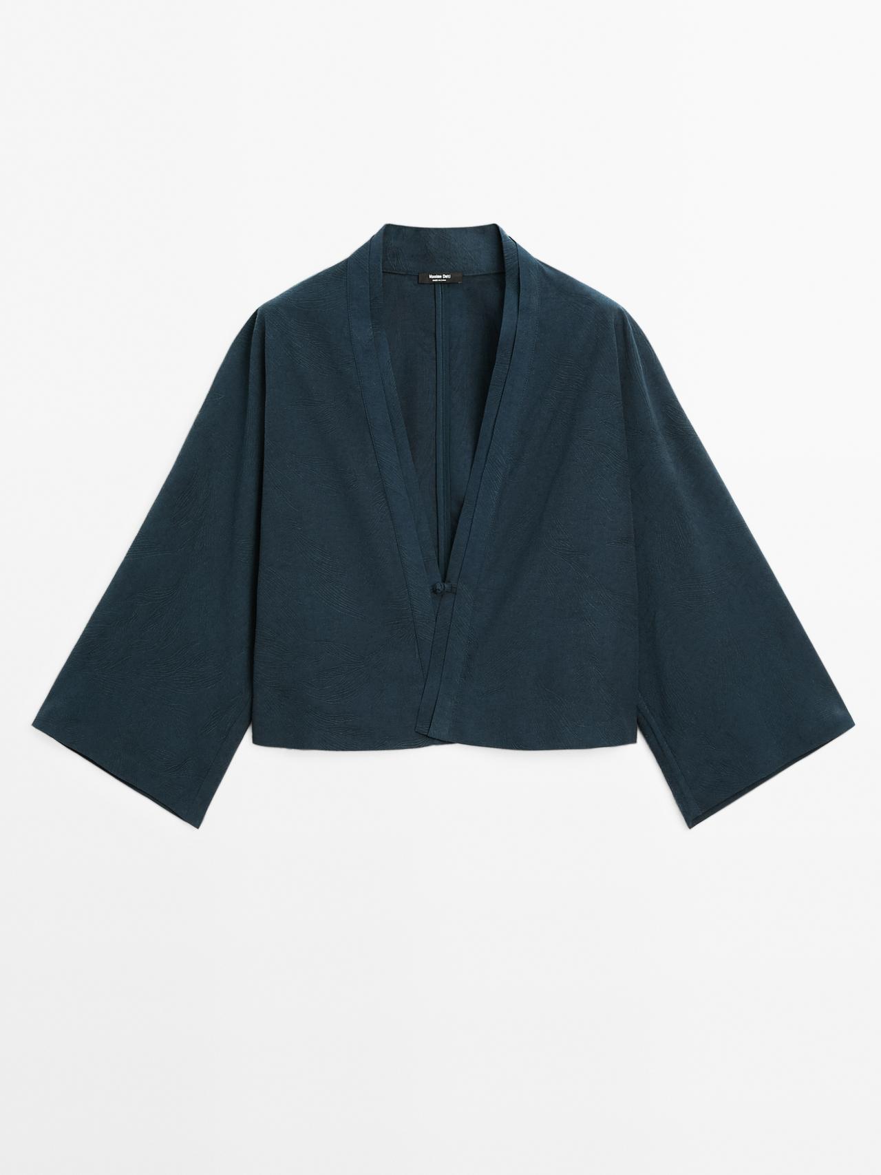 Massimo Dutti - Dame - Jacquardvævet Kimono Med Blødt Fald Og Rhinstensknap - Mørkeblå - L