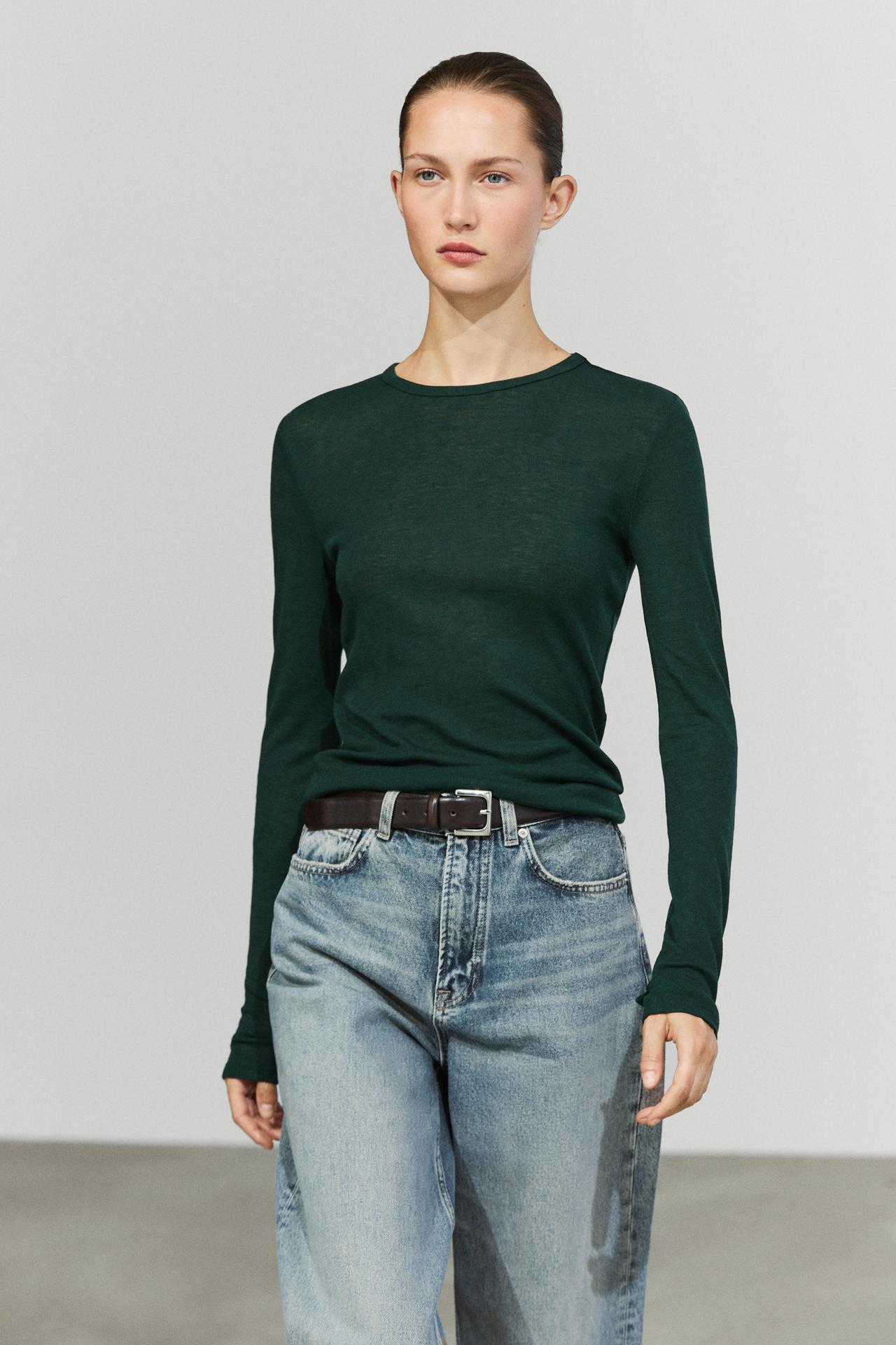 Long sleeve wool-blend T-shirt — BOTTLE GREEN