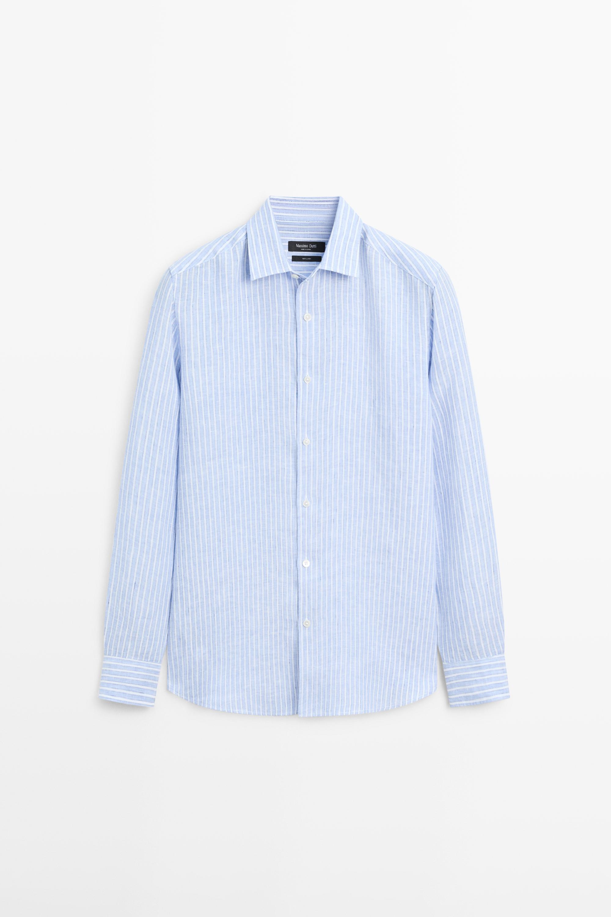Regular fit striped linen shirt — Light Blue