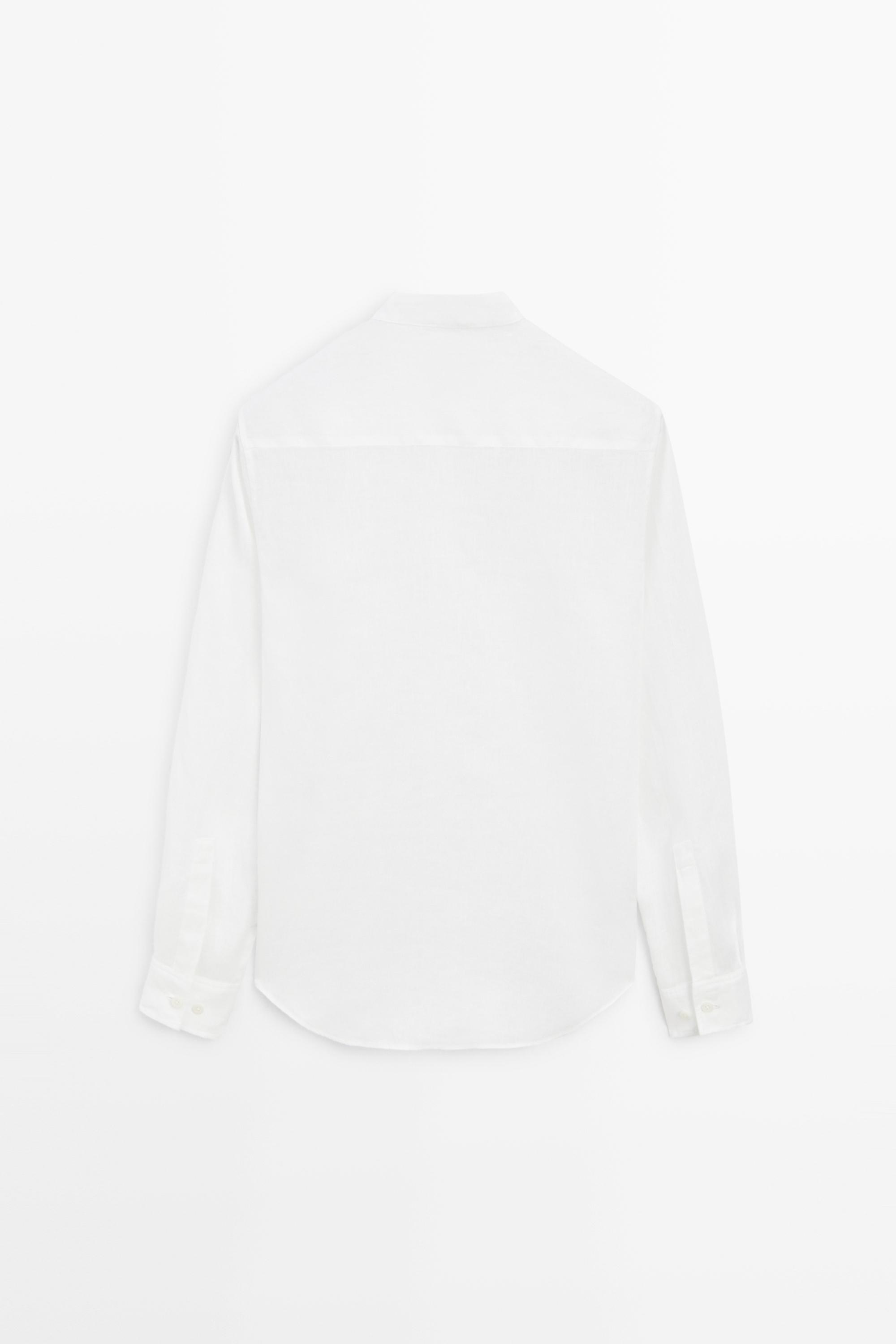 100% linen regular fit stand collar shirt — WHITE