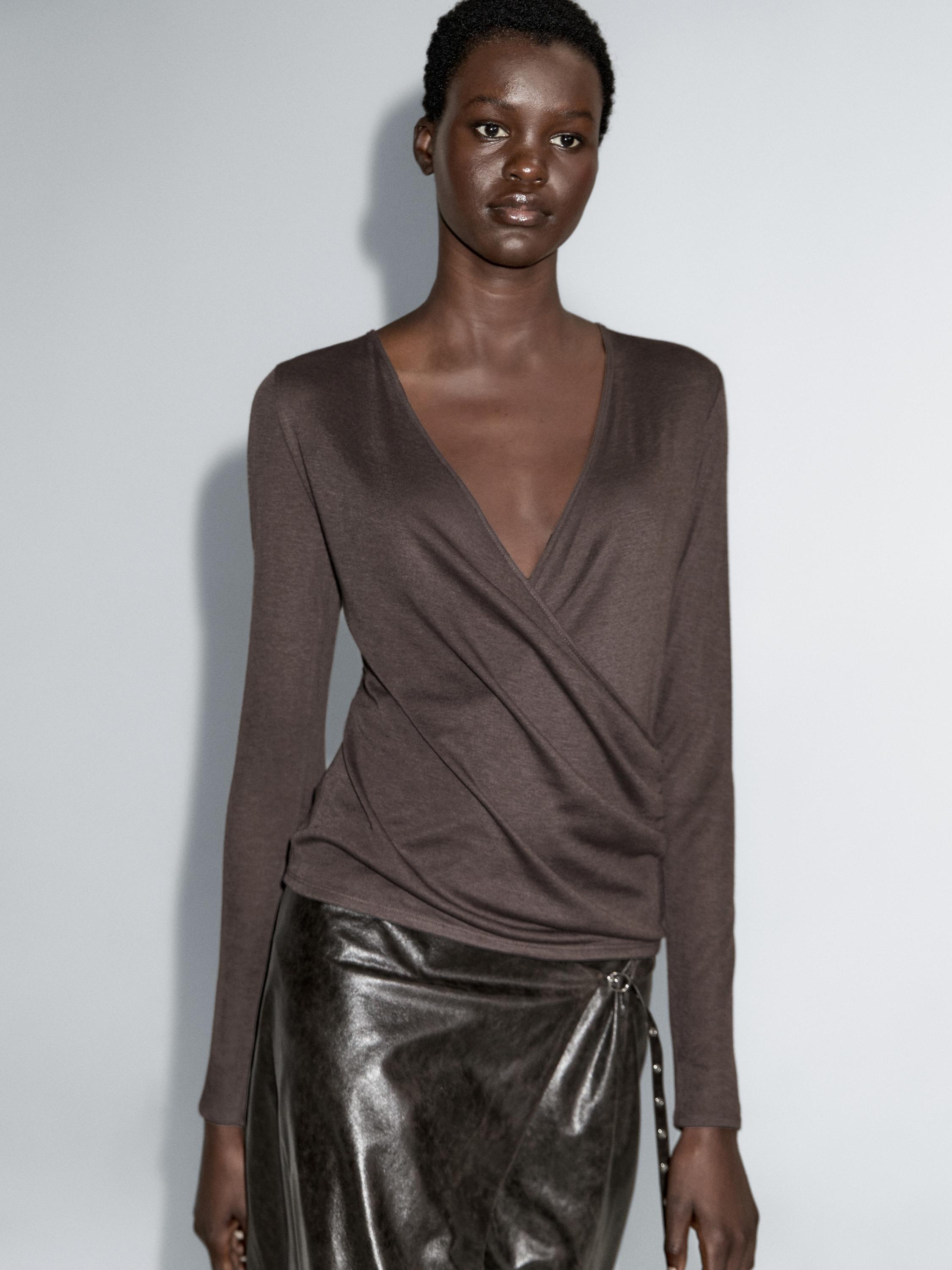 Lyocell and wool top with surplice neckline