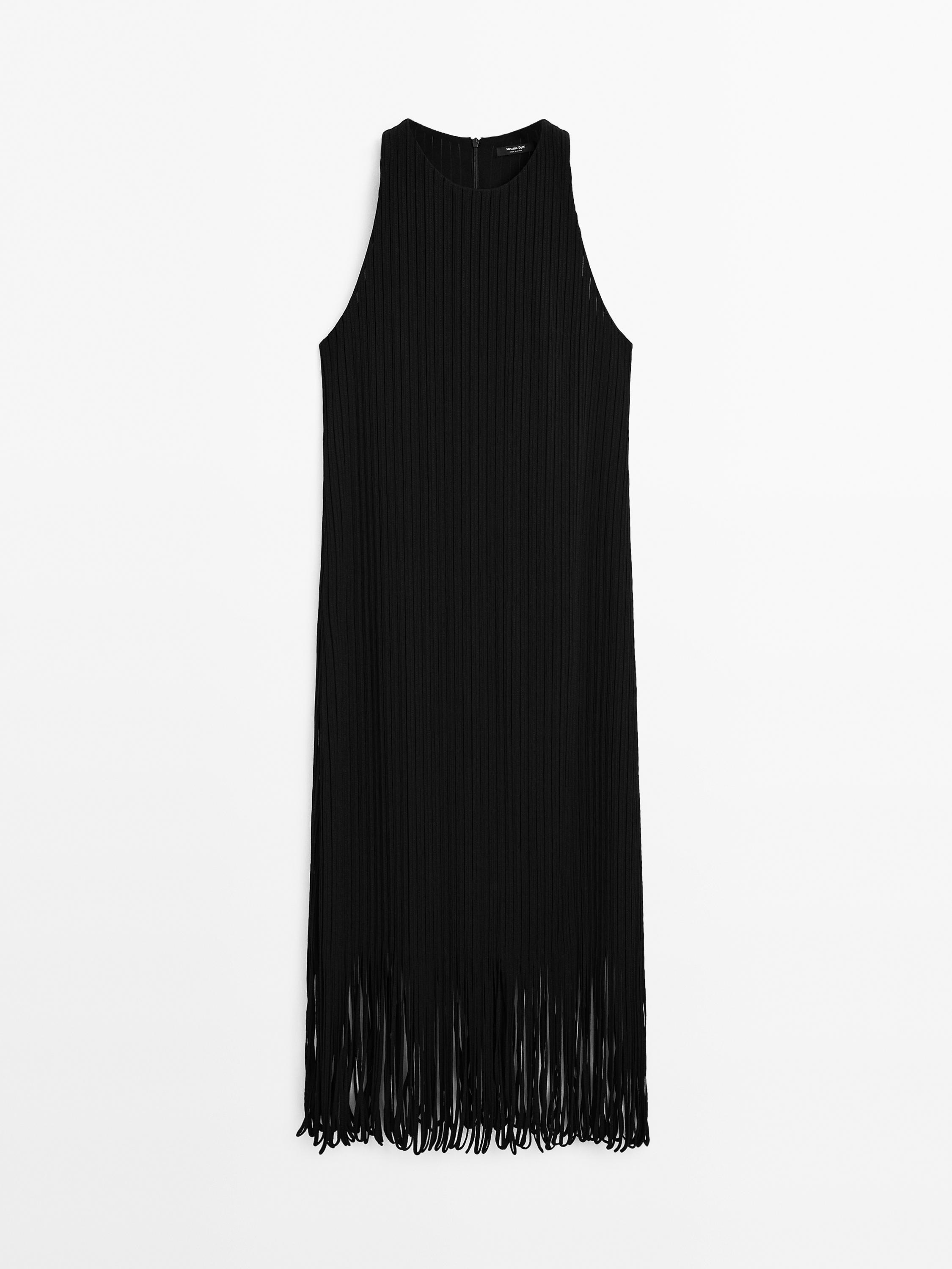 Textured knit dress with fringed hem