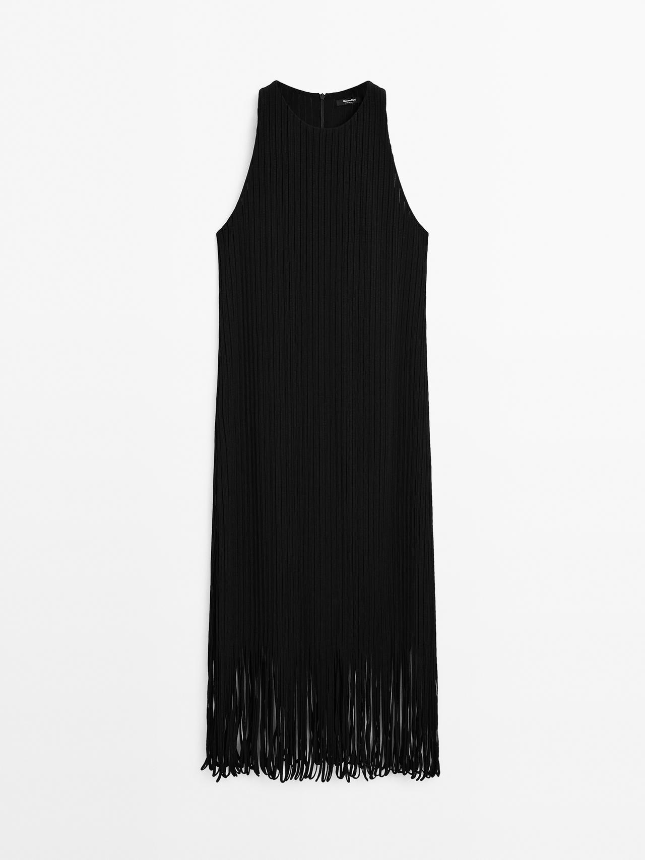 Massimo Dutti - Dame - Strukturvævet Kjole I Strik Med Frynset Kant Forneden - Sort - Xs