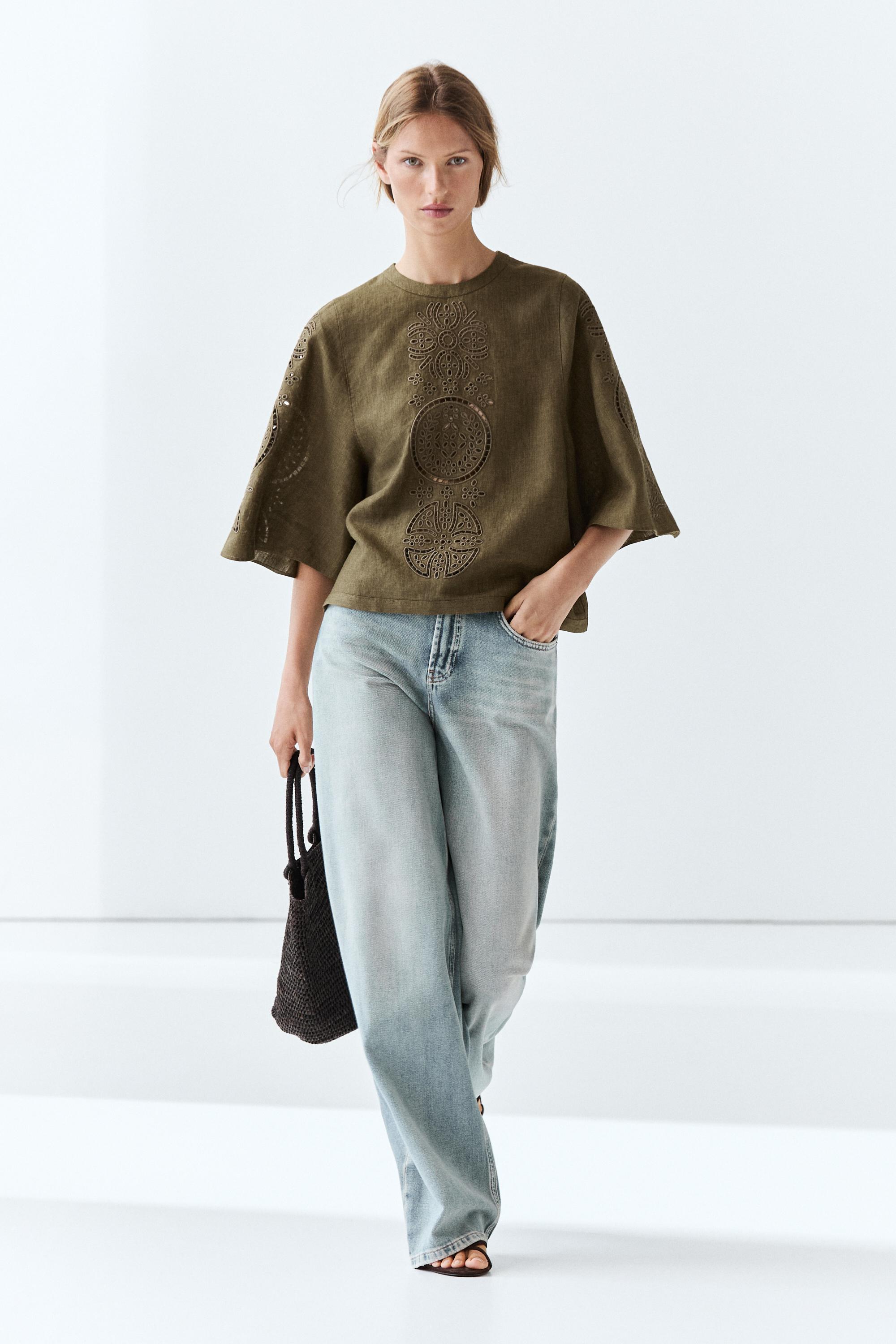 Linen blend blouse with embroidered details — GREEN