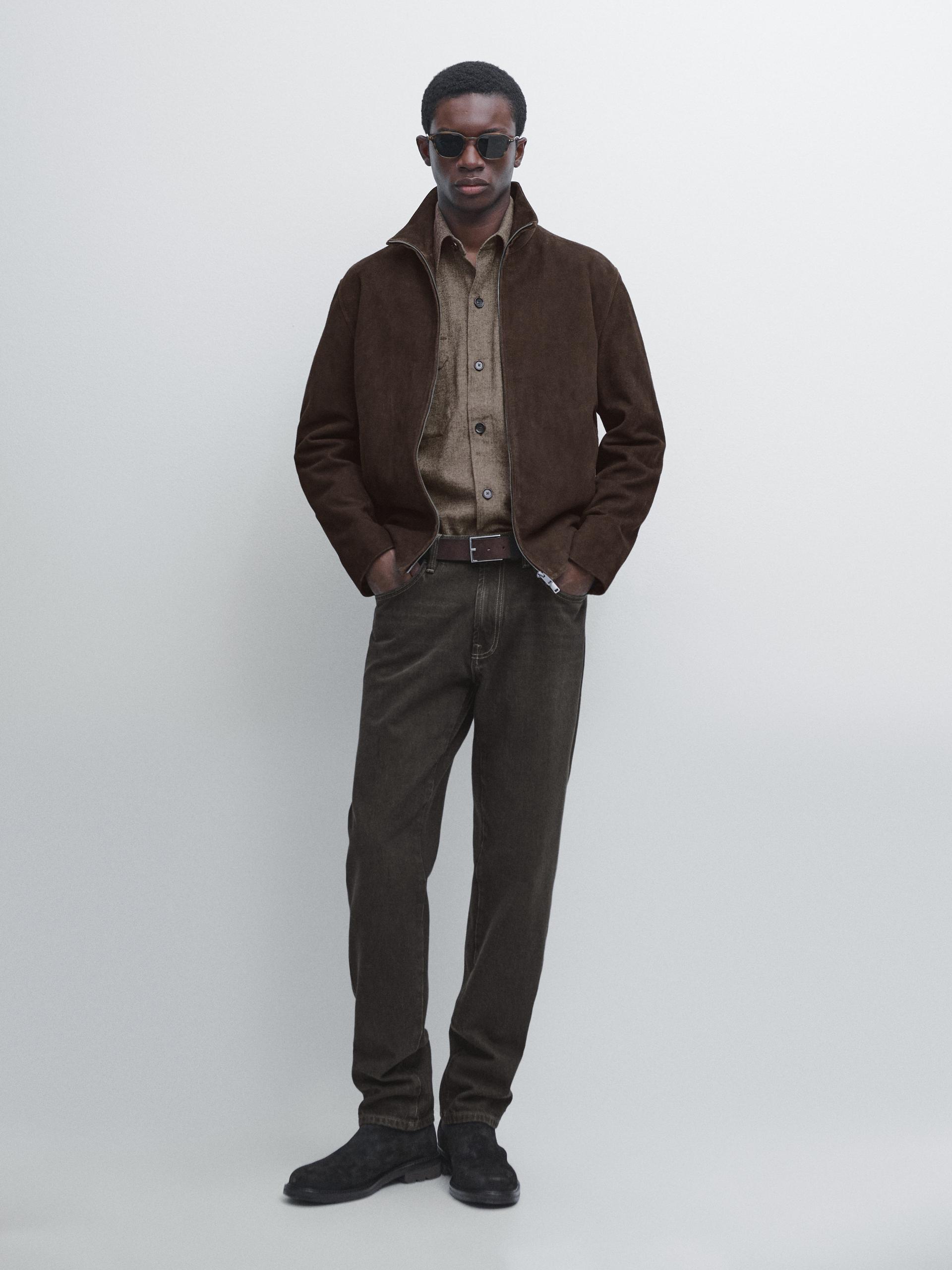 Blouson En Cuir Effet Daim - Gris - L - Massimo Dutti - Homme