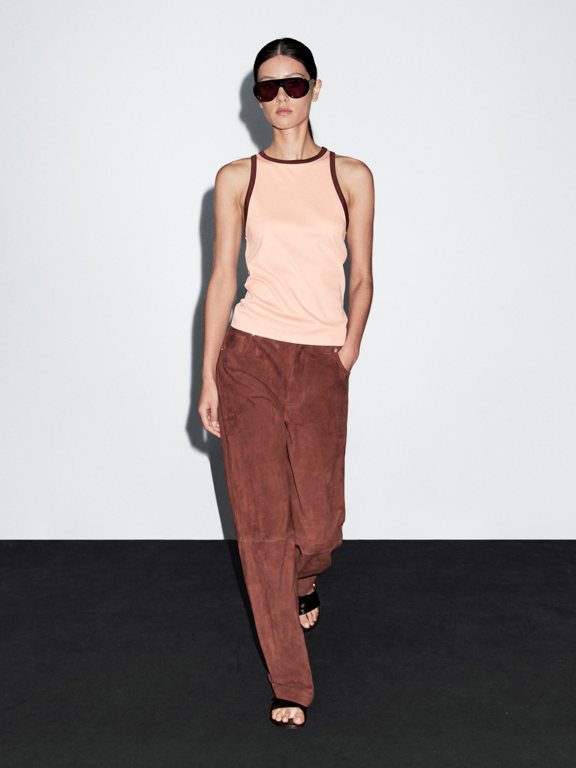Top 100 % Coton À Encolure Américaine Et Détail Contrastant - Rose Pâle - Xl - Massimo Dutti - Femme