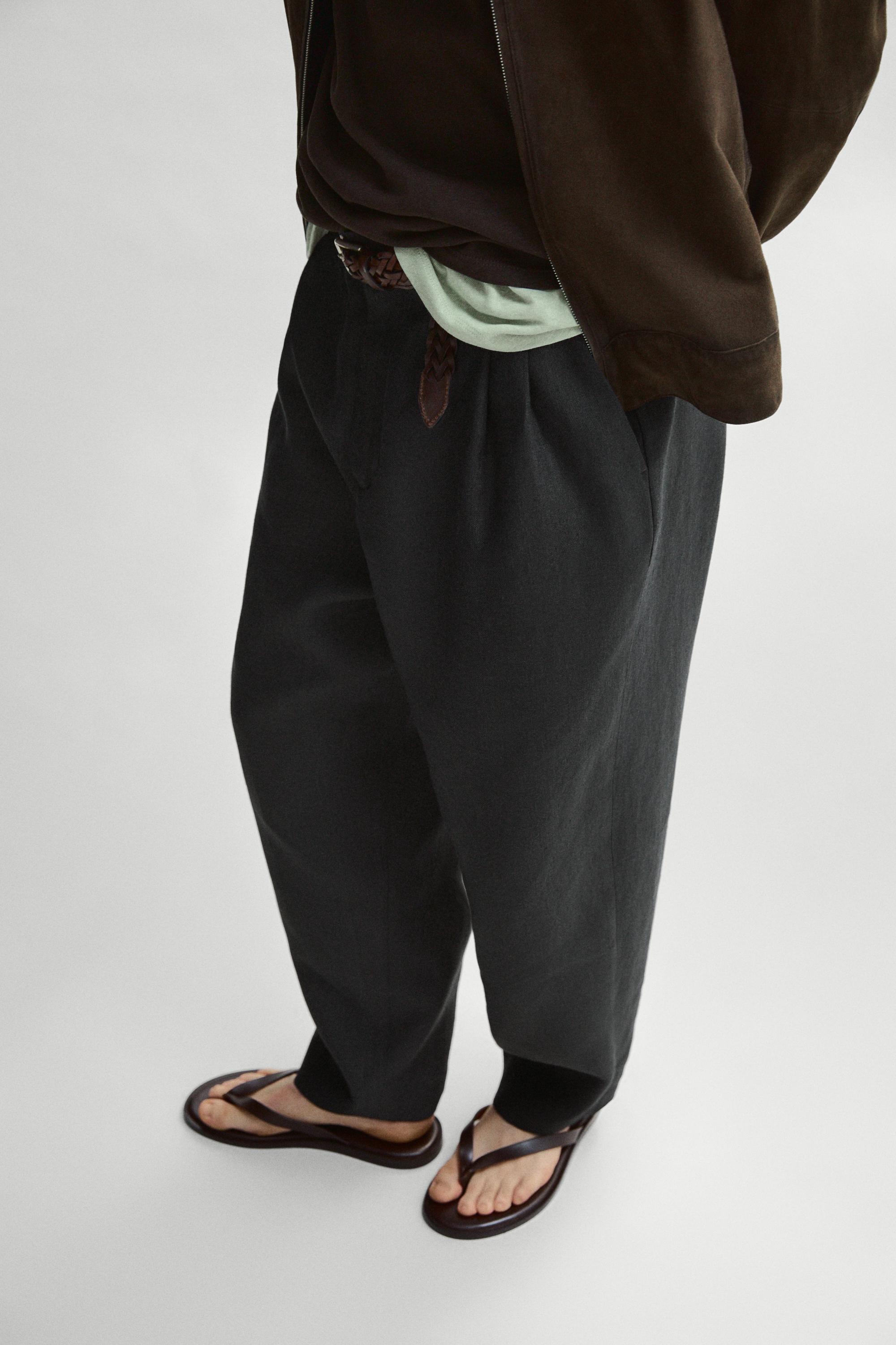 100% linen trousers with double darts — BLACK