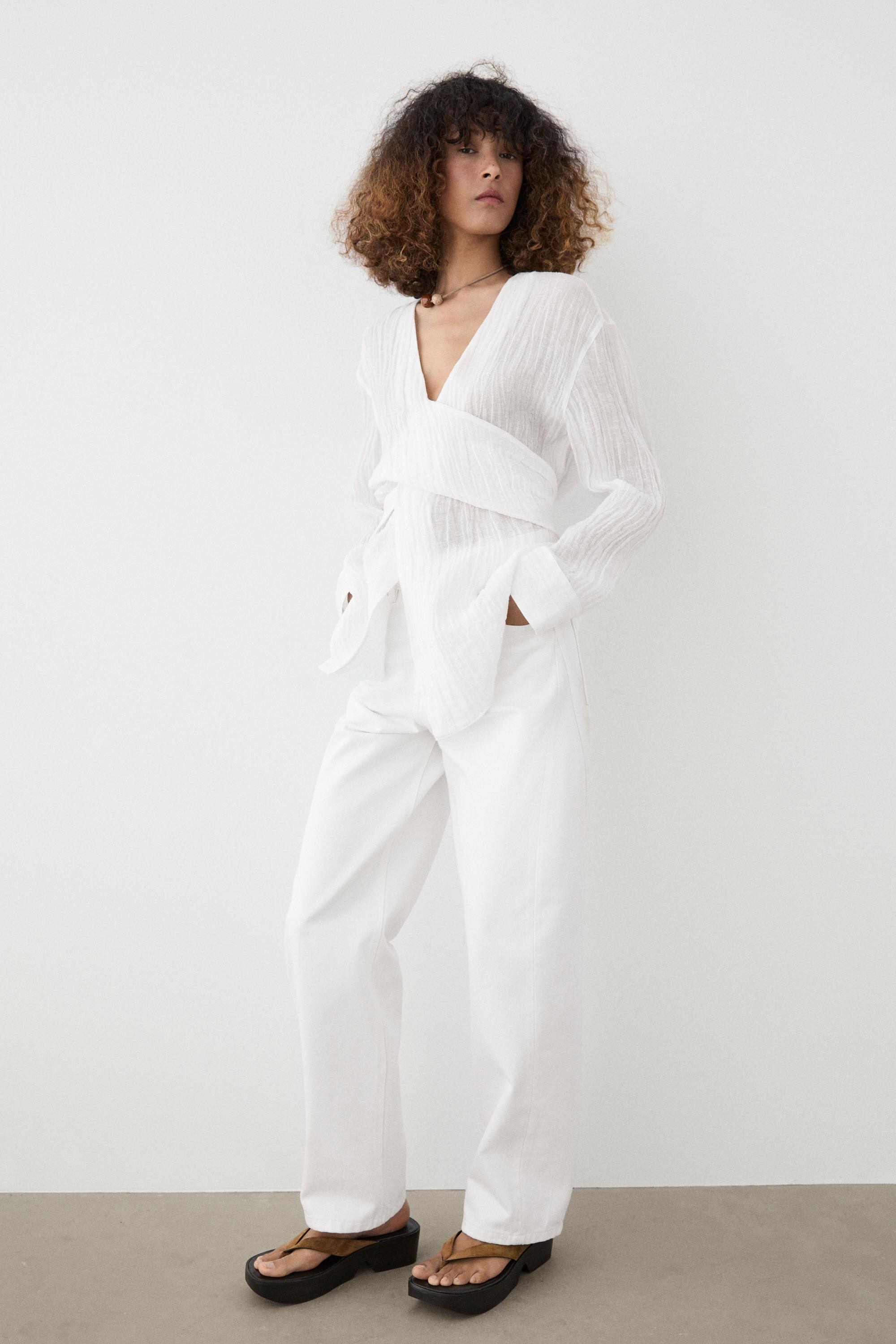 Linen blend blouse with sash belt — WHITE