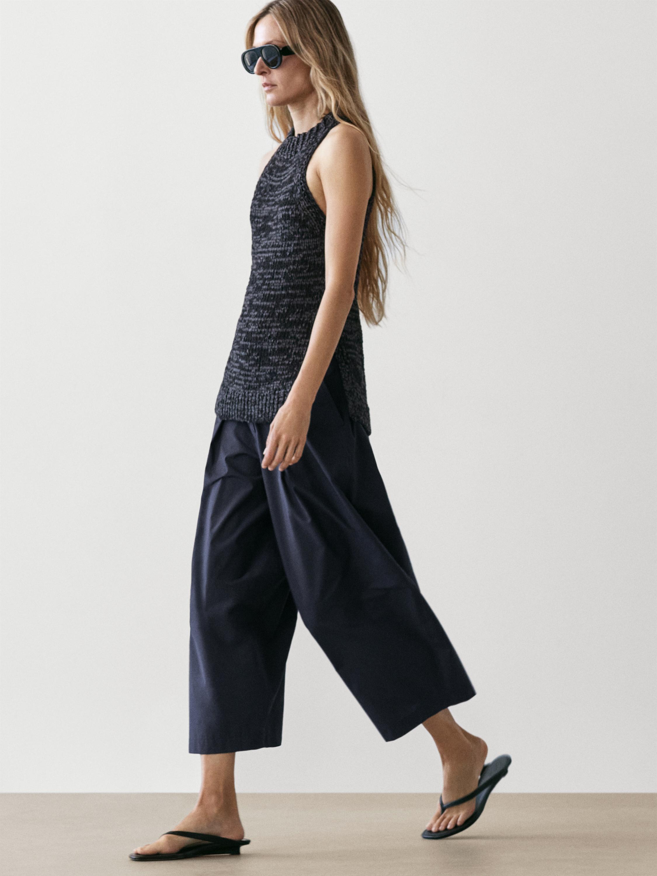 Cotton blend wide-leg trousers — DEEP BLUE