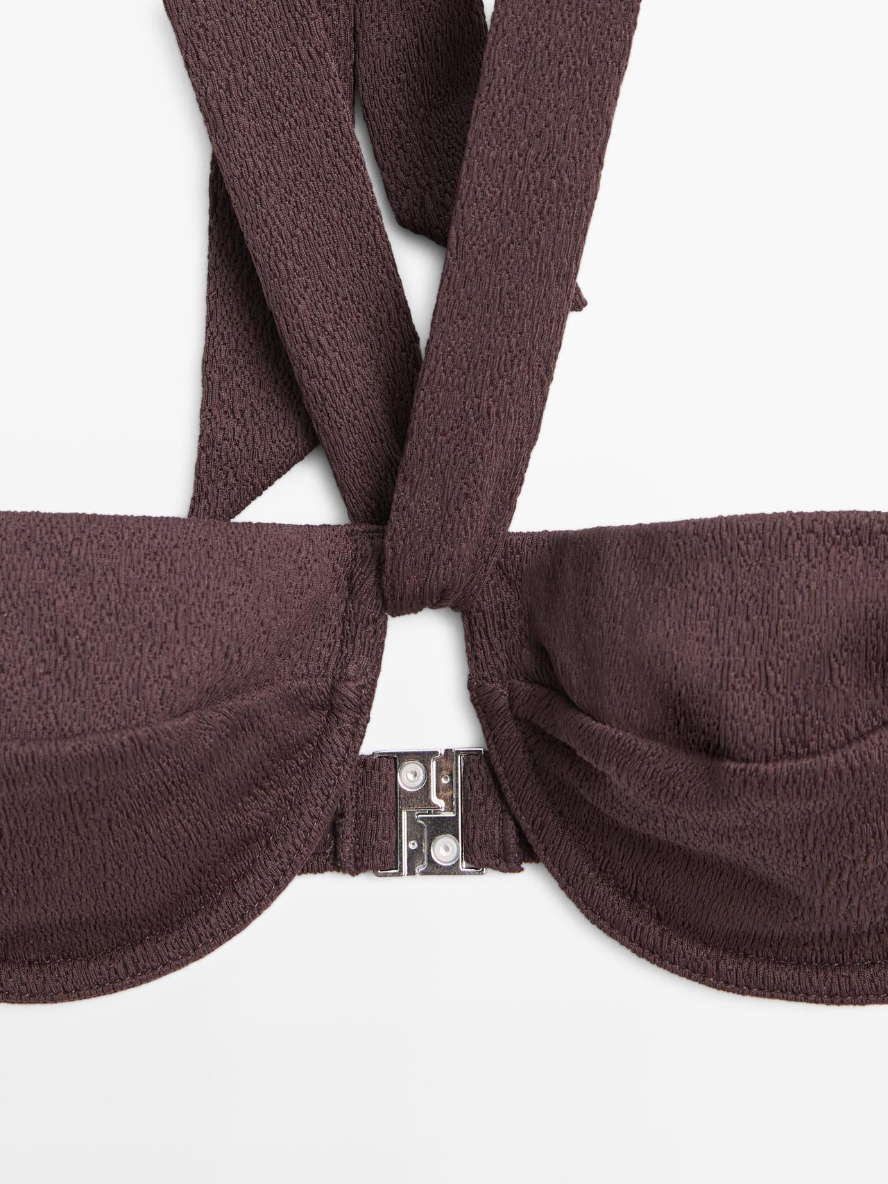 Textured bikini top with underwire and tied neck — BROWN