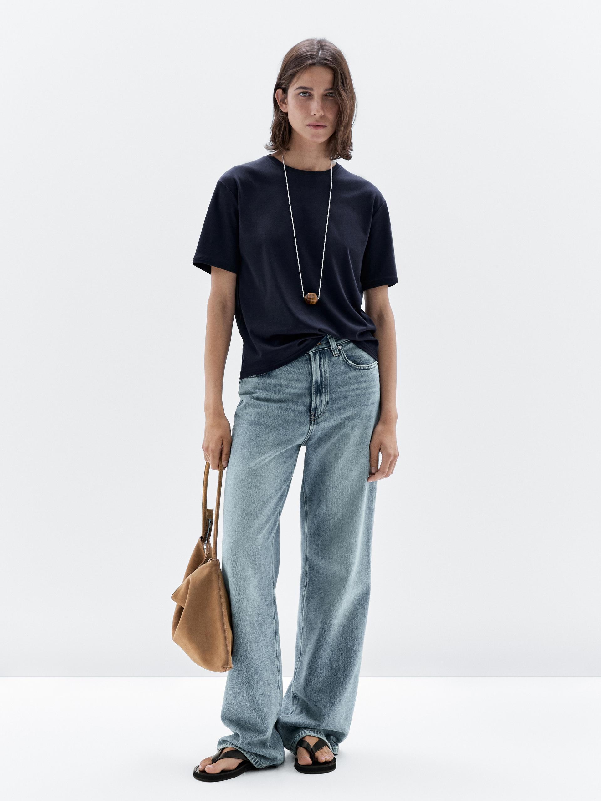 Koszulka Z Krótkim Rękawem I Szwem Z Tyłu - Granatowy - Xs - Massimo Dutti - Kobieta