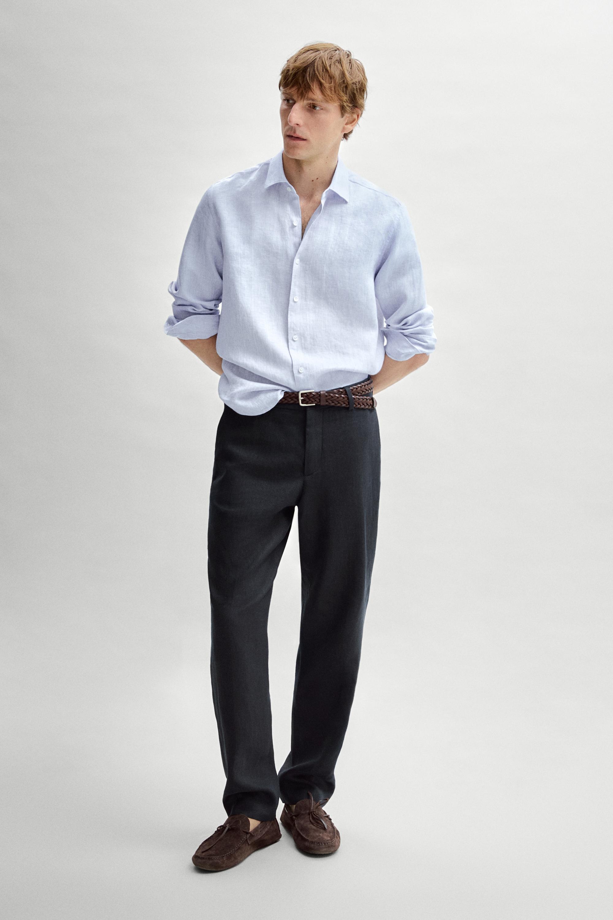 100% linen regular fit striped shirt — Light Blue